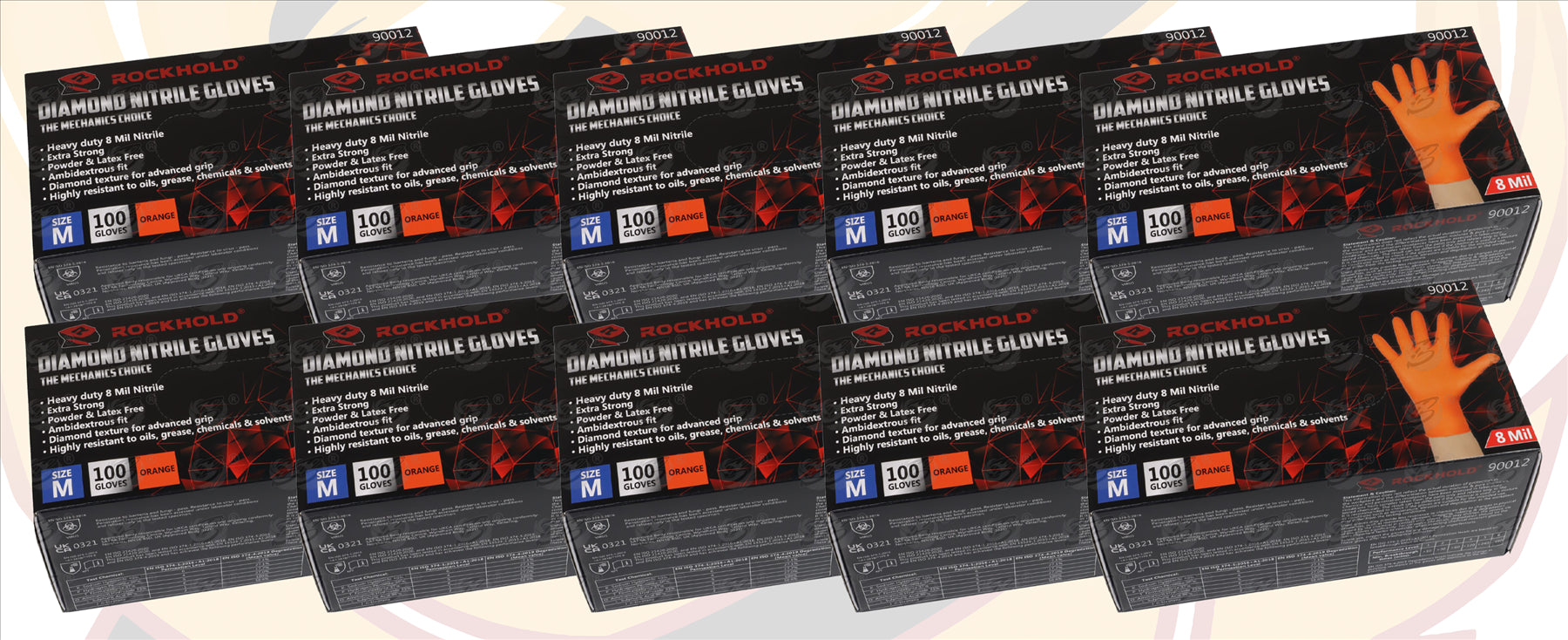 ROCKHOLD HEAVY DUTY ORANGE 8 MIL NITRILE DIAMOND GRIP GLOVES ( MEDIUM - 1000 GLOVES )