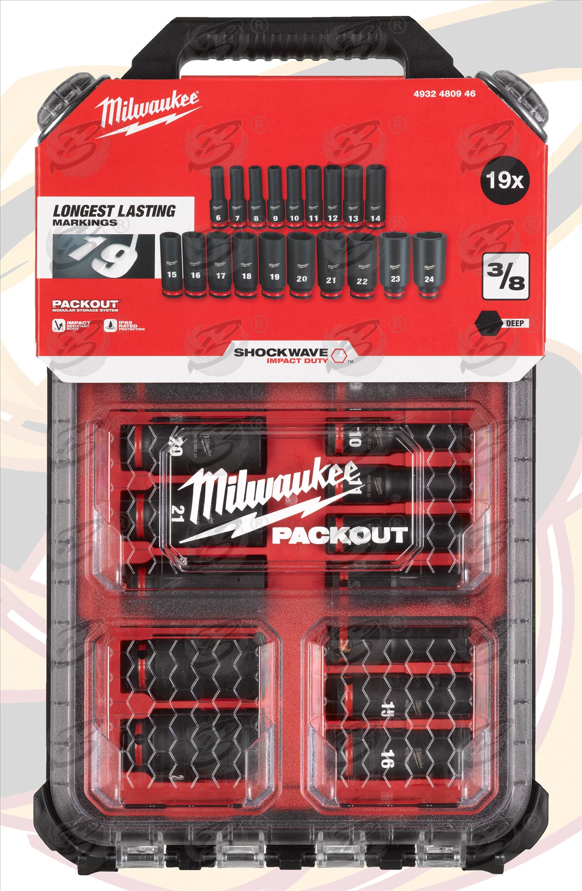MILWAUKEE 19PCS 3/8" DRIVE 6 POINT DEEP IMPACT SOCKETS 6MM - 24MM IN PACKOUT ( SHOCKWAVE IMPACT DUTY )