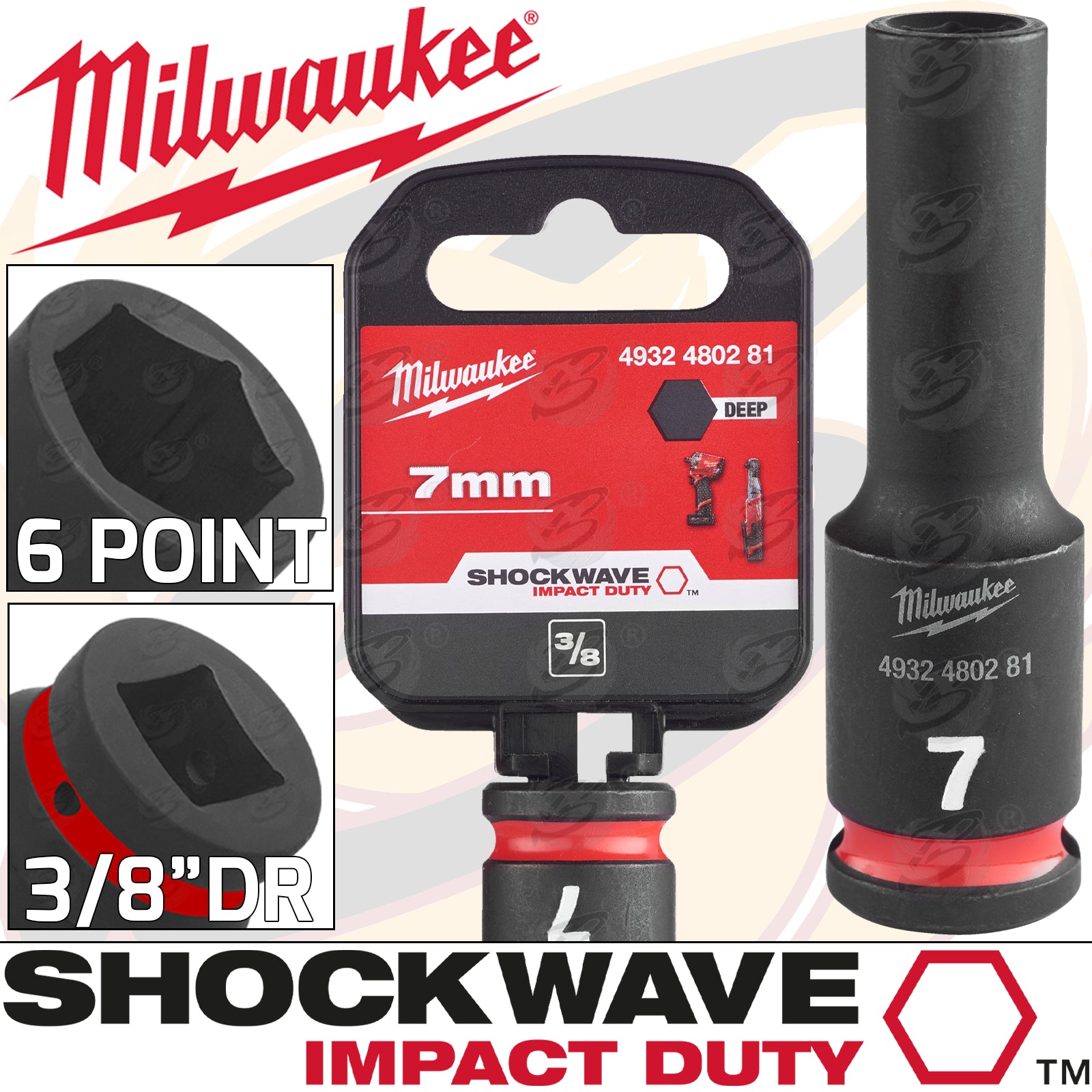 MILWAUKEE 7MM 3/8" DRIVE 6 POINT DEEP IMPACT SOCKET ( SINGLE )
