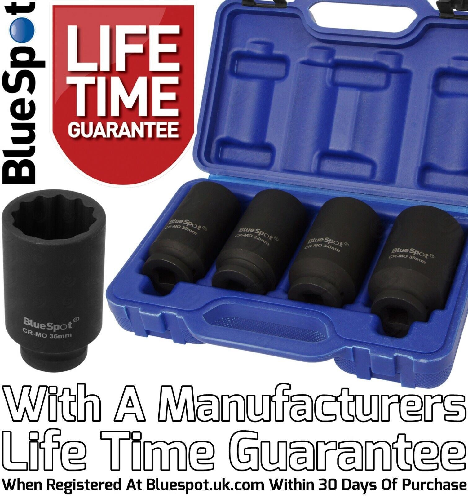 BlueSpot 4 Piece 1/2" Drive 12 Point Deep Impact Sockets 30mm - 36mm 01528