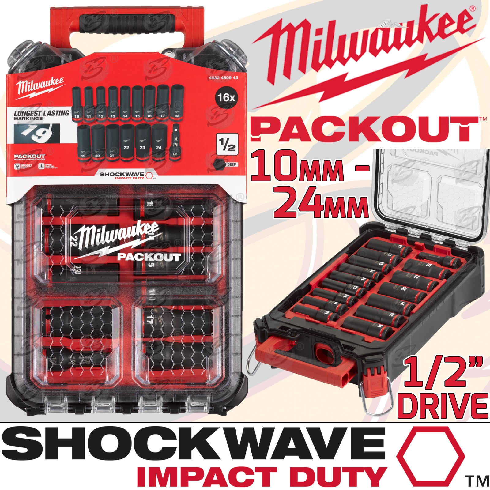 MILWAUKEE 16PCS 1/2" DRIVE 6 POINT DEEP IMPACT SOCKETS 10MM - 24MM IN PACKOUT ( SHOCKWAVE IMPACT DUTY )