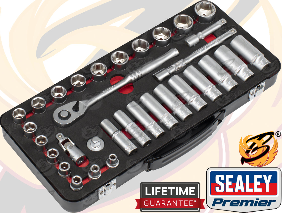SEALEY 32PCS 3/8" DRIVE 6 POINT 90 TOOTH PREMIER PLATINUM SOCKET SET 6MM - 24MM