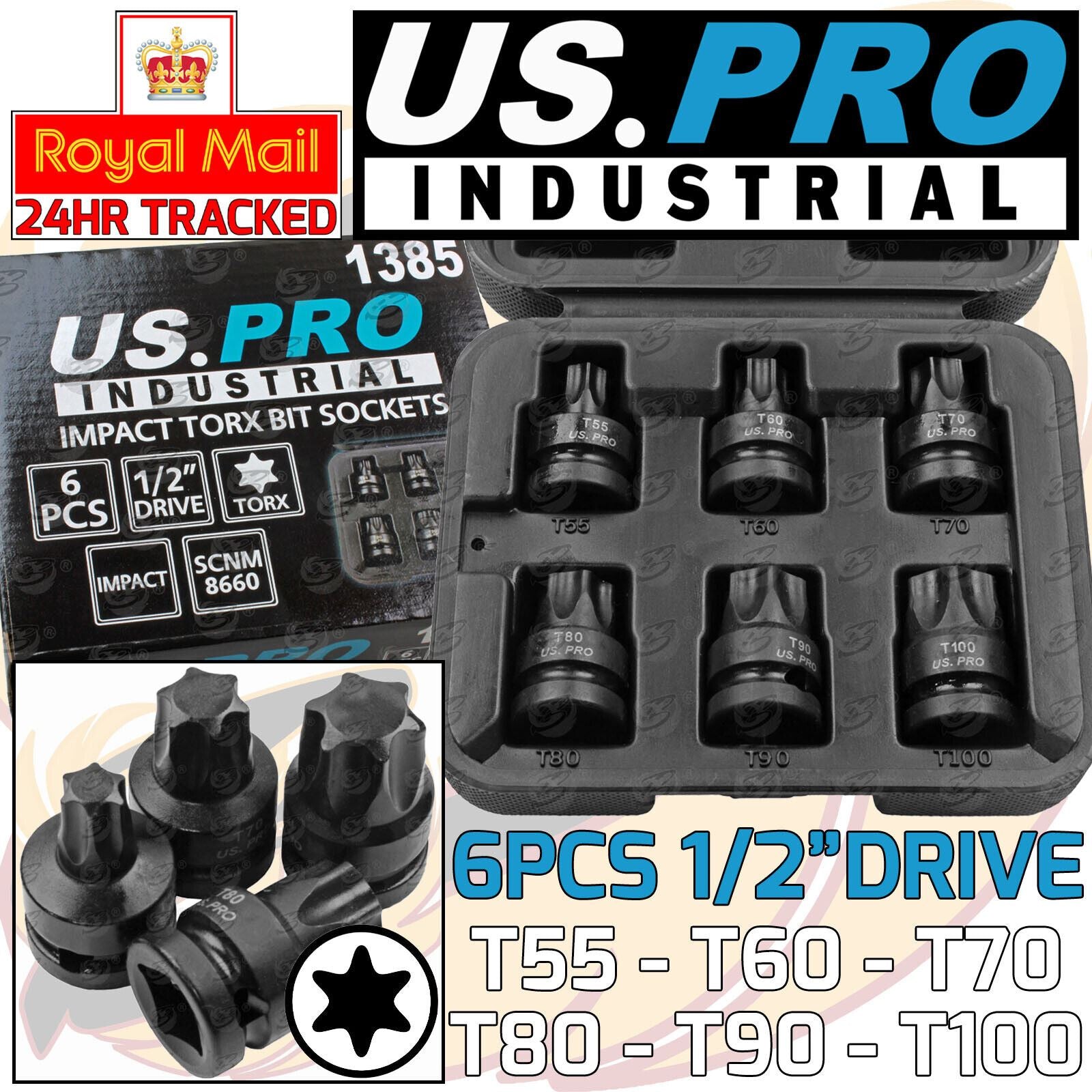 US PRO INDUSTRIAL 6PCS 1/2" DRIVE IMPACT TORX BIT SOCKETS T55 - T100