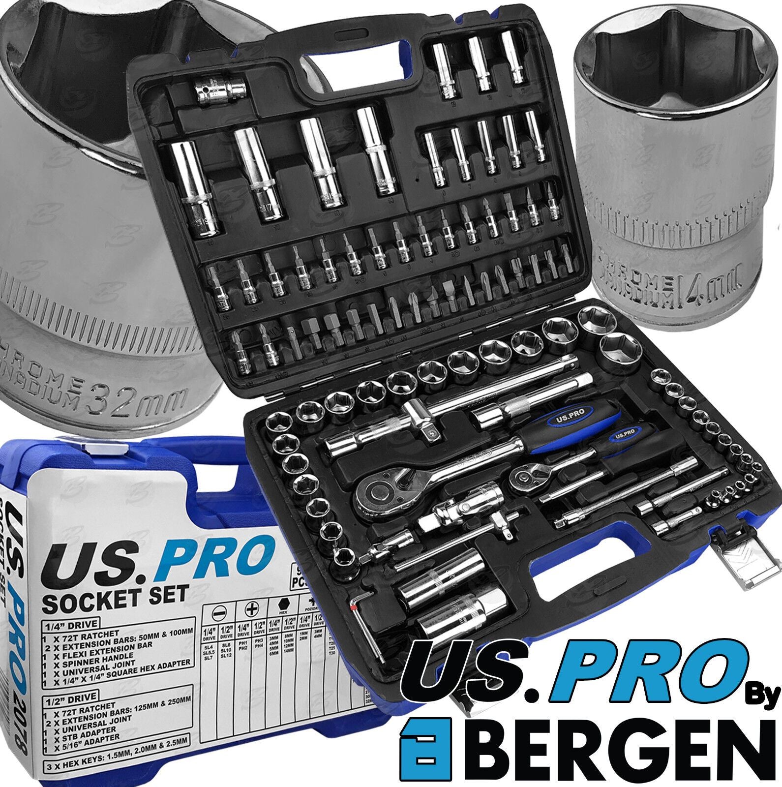 US Pro 94 Piece 1/4" & 1/2" Drive Socket & Bit Set 4mm - 32mm 2078