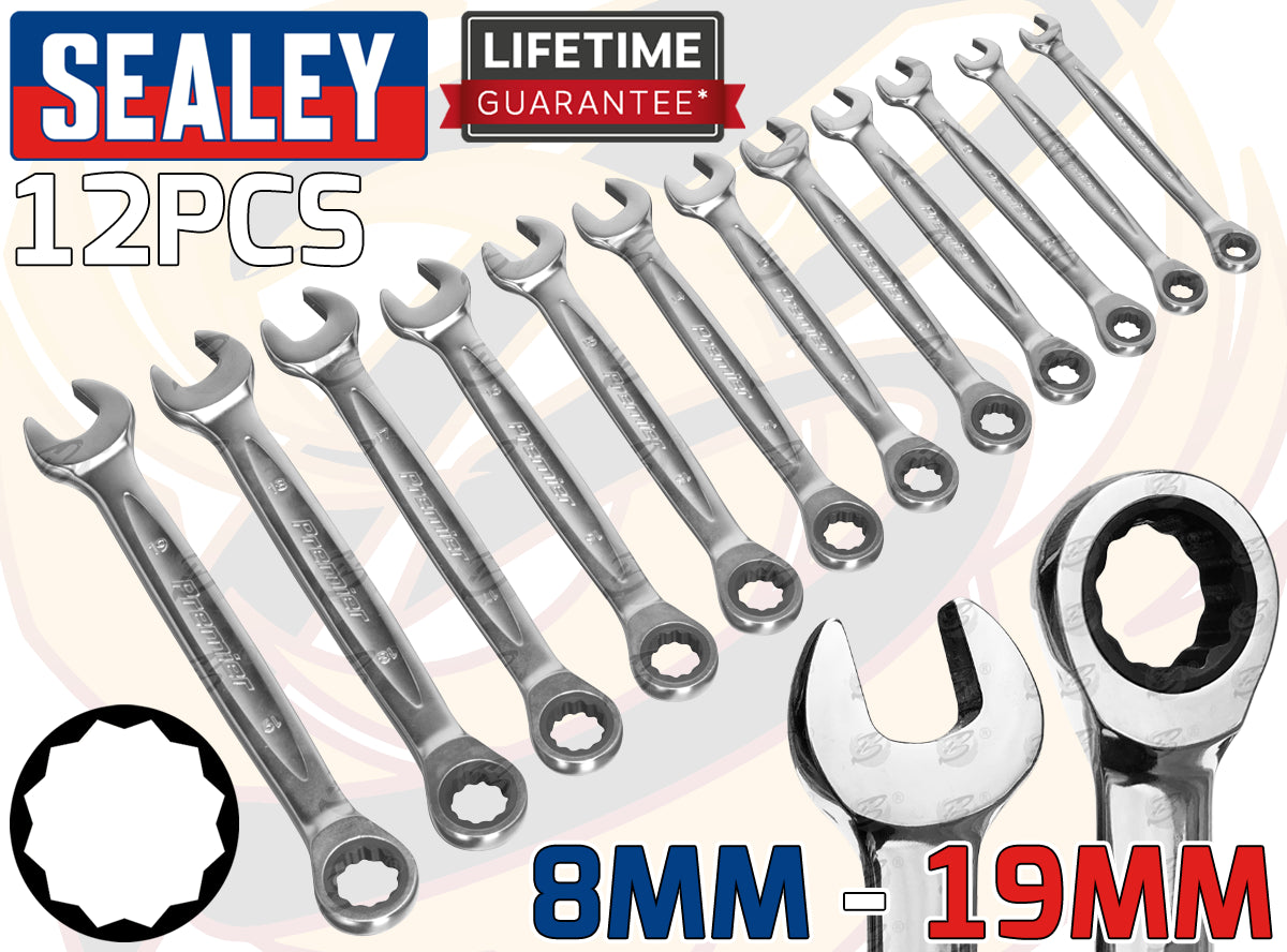 SEALEY 12PCS COMBINATION RATCHET SPANNER SET 8MM - 19MM