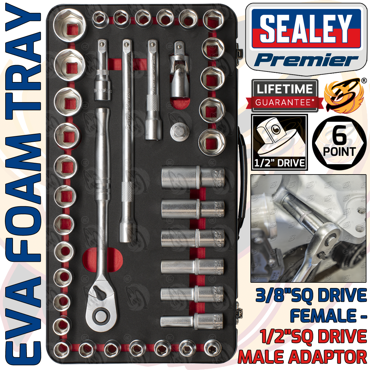 Sealey 40 Piece 1/2" Drive 6 Point 90 Tooth Premier Platinum Socket Set ( 8mm - 32mm & 7/16" - 1" ) ( AK7925 )