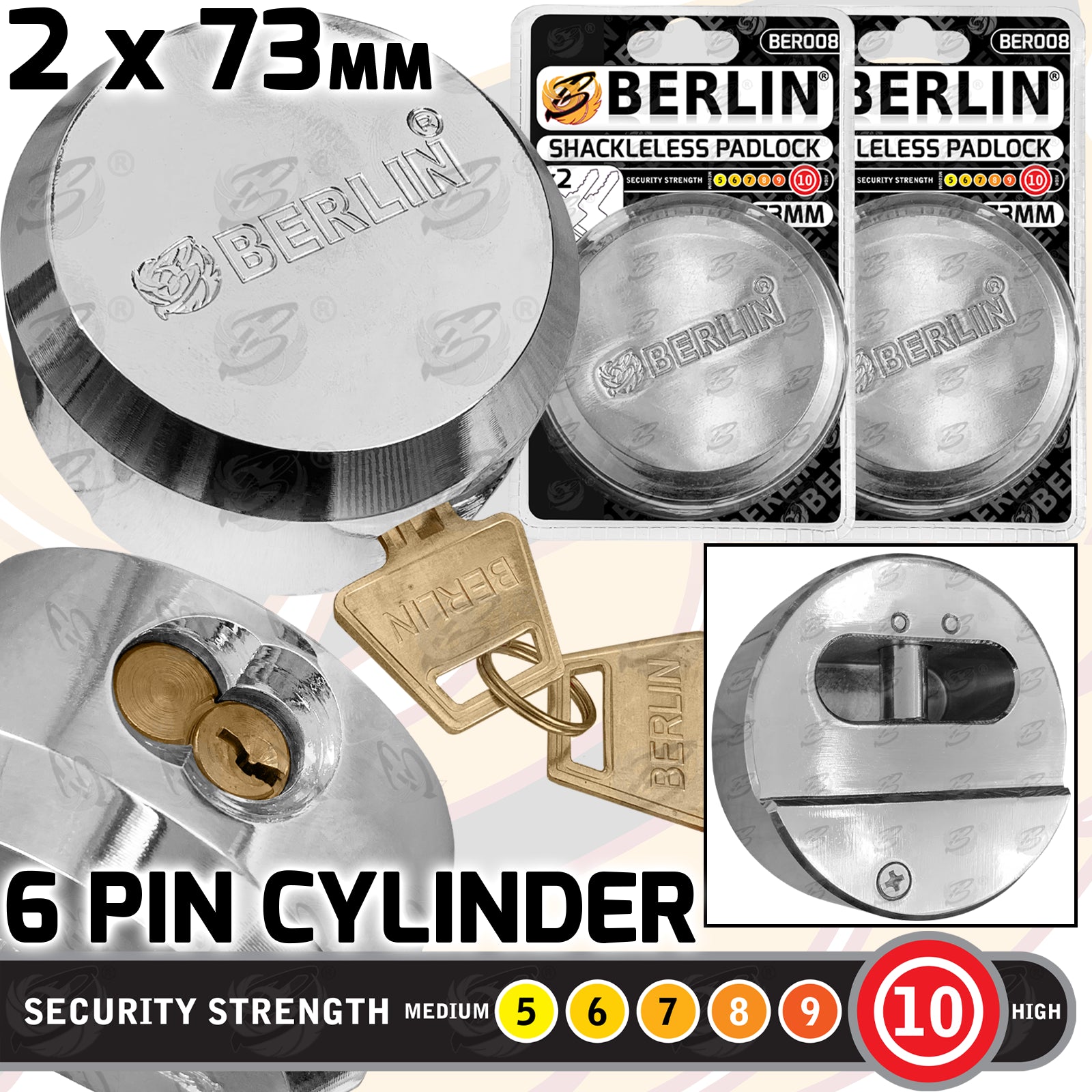 BERLIN 73MM HEAVY DUTY ROUND SHACKLELESS PADLOCK ( x2 )