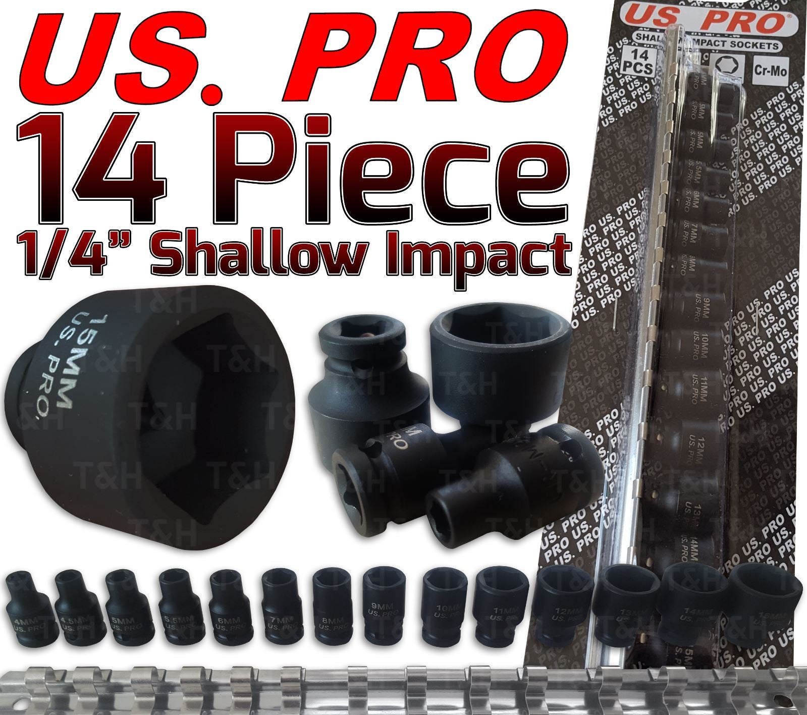 US Pro 14 Piece 1/4" Drive 6 Point Shallow Impact Sockets 4mm - 15mm 1429