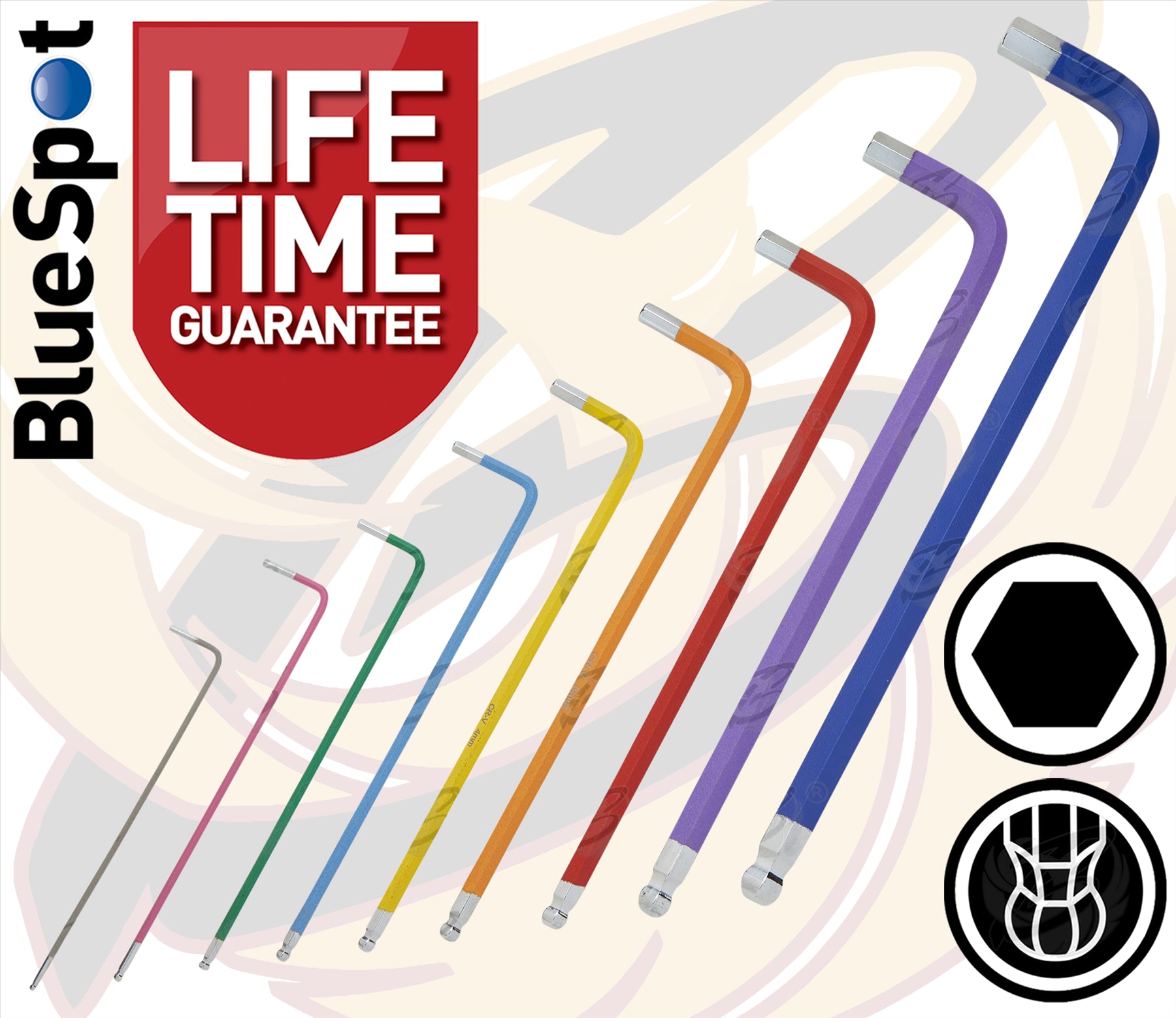 BLUESPOT 9PCS EXTRA LONG COLOUR CODED BALL END HEX KEY SET ( H1.5 - H10 )