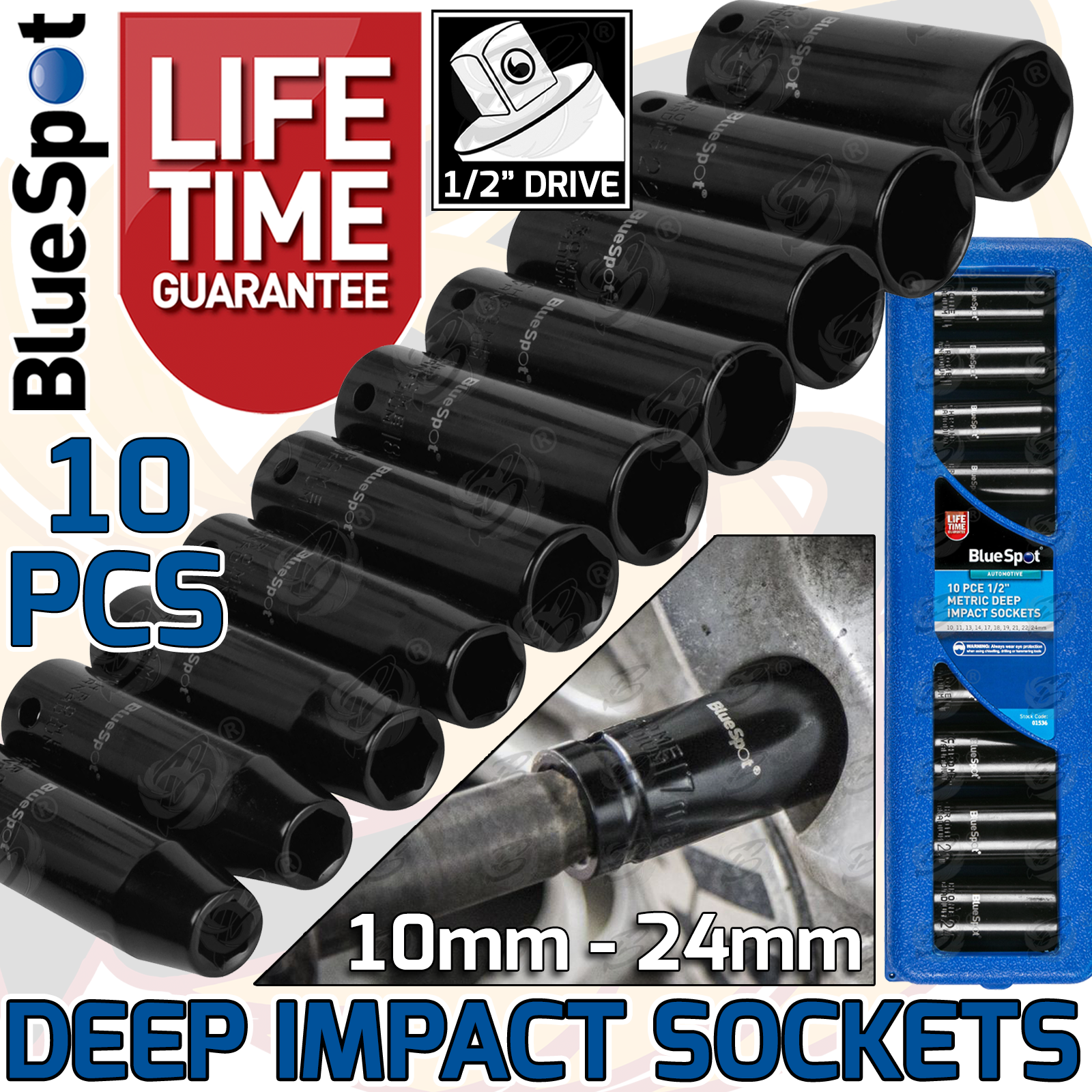 BlueSpot 10 Piece 1/2" Drive 6 Point Deep Impact Sockets 10mm - 24mm ( 01536 )