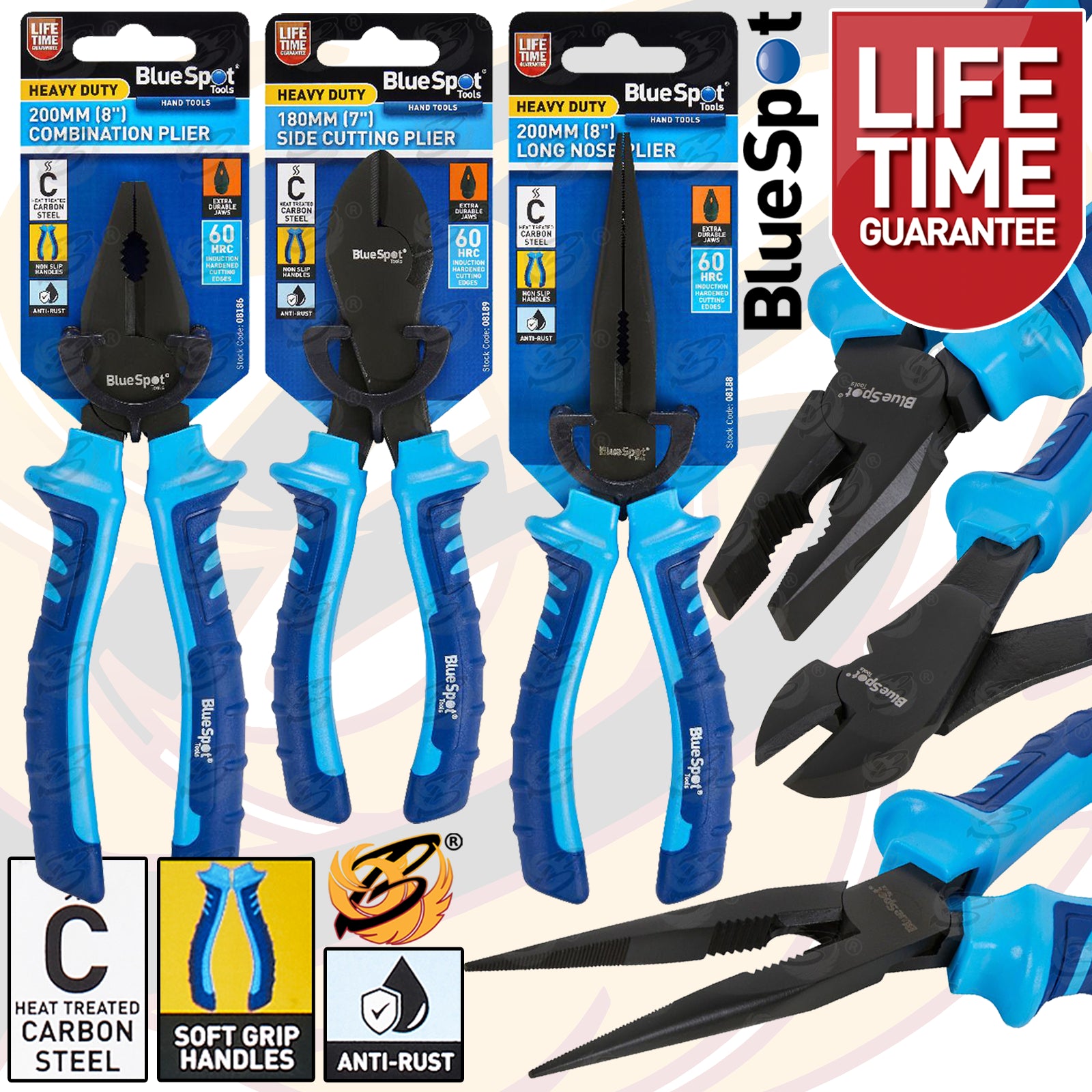 BLUESPOT HEAVY DUTY PLIER SET ( COMBI - CUTTERS - LONG NOSE )