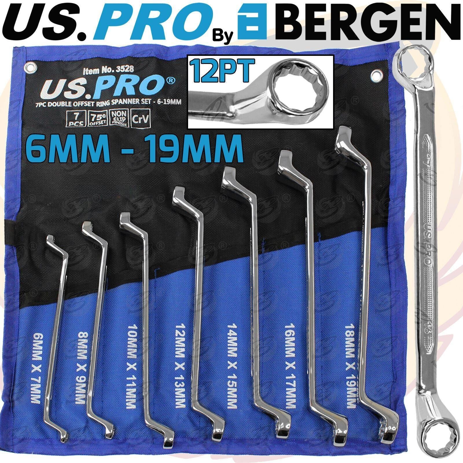 US PRO 7PCS OFFSET DOUBLE RING 12 POINT SPANNER 6MM - 19MM