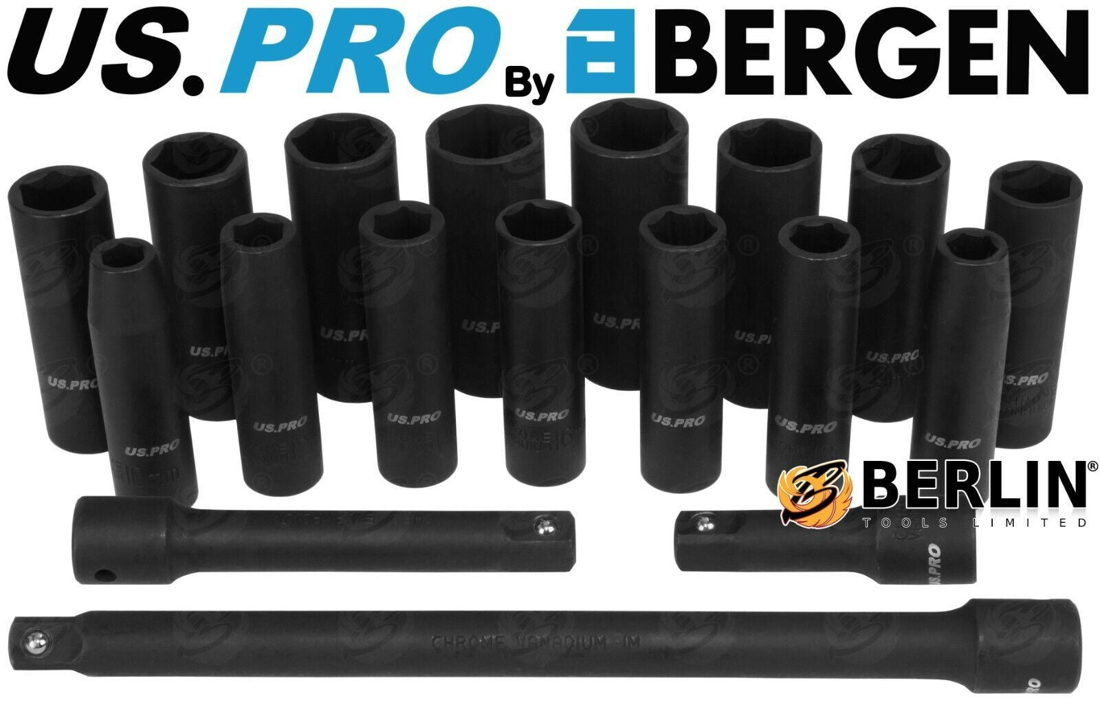 US PRO 1/2" DRIVE 6 POINT DEEP IMPACT SOCKETS & EXTENSIONS 10MM - 24MM