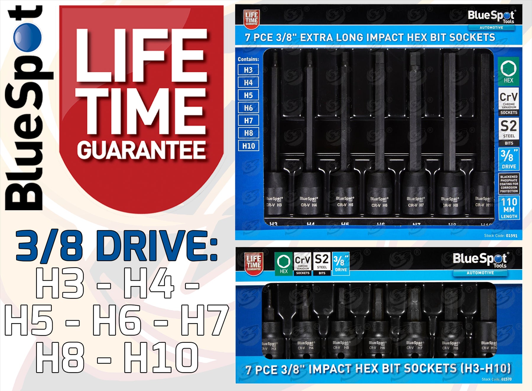 BLUESPOT 14PCS 3/8" DRIVE IMPACT HEX BIT SOCKET SET H3 - H10