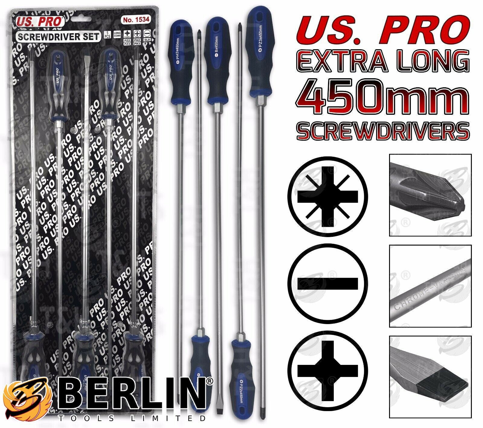 US Pro 5 Piece Extra Long Magnetic Screwdriver Set ( Slotted - PHillips - Pozidrive ) 1534
