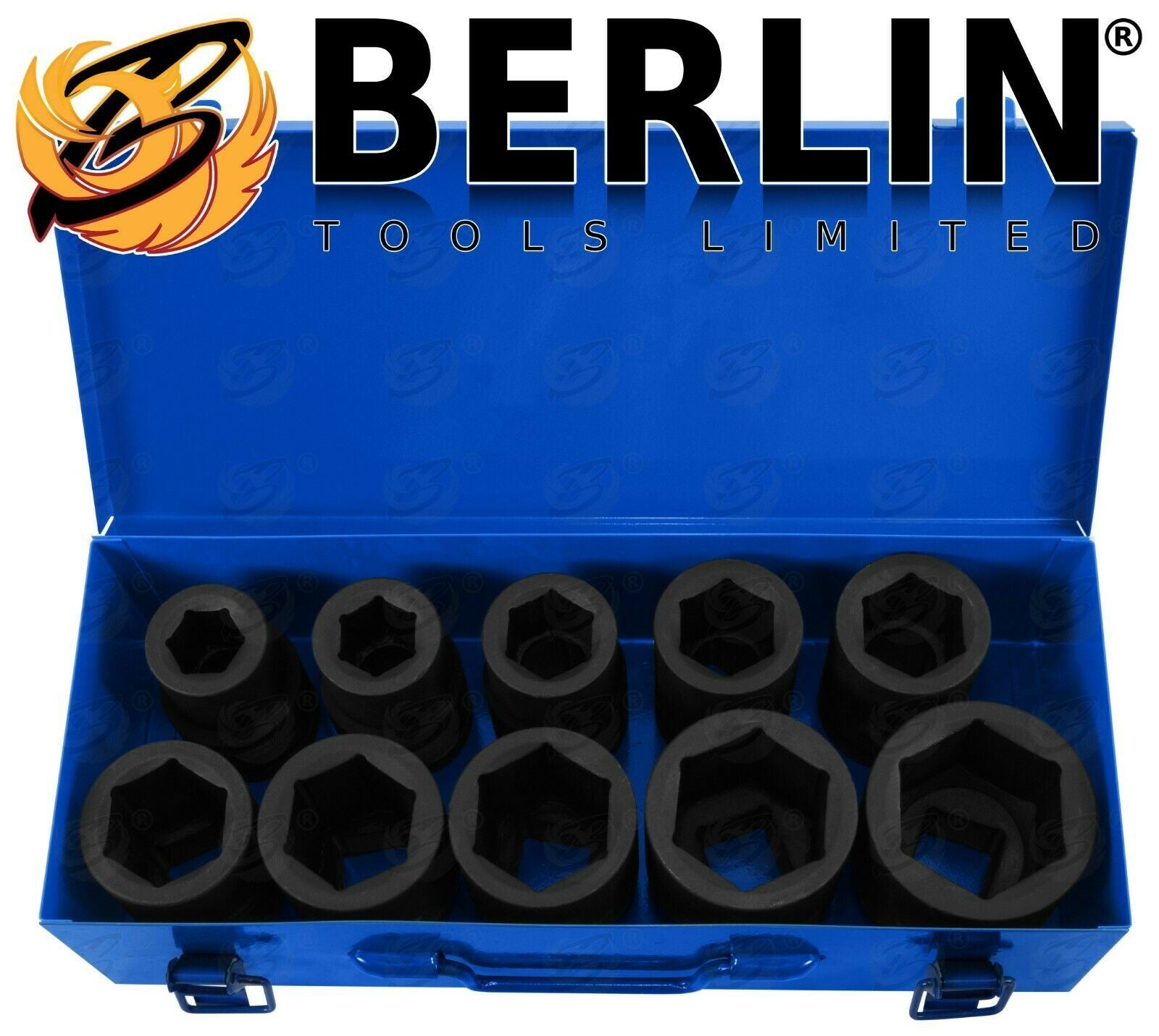 BERLIN 10PCS 1" DRIVE 6 POINT DEEP IMPACT SOCKETS 22MM - 50MM