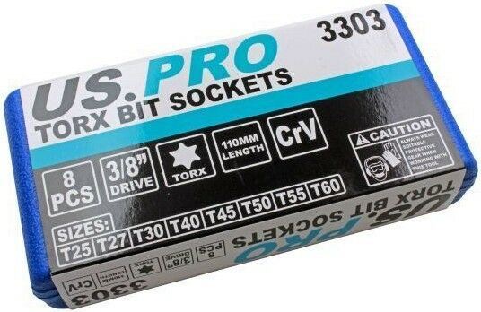 US PRO 8PCS 3/8" DRIVE EXTRA LONG TORX BIT SOCKETS T25 - T60
