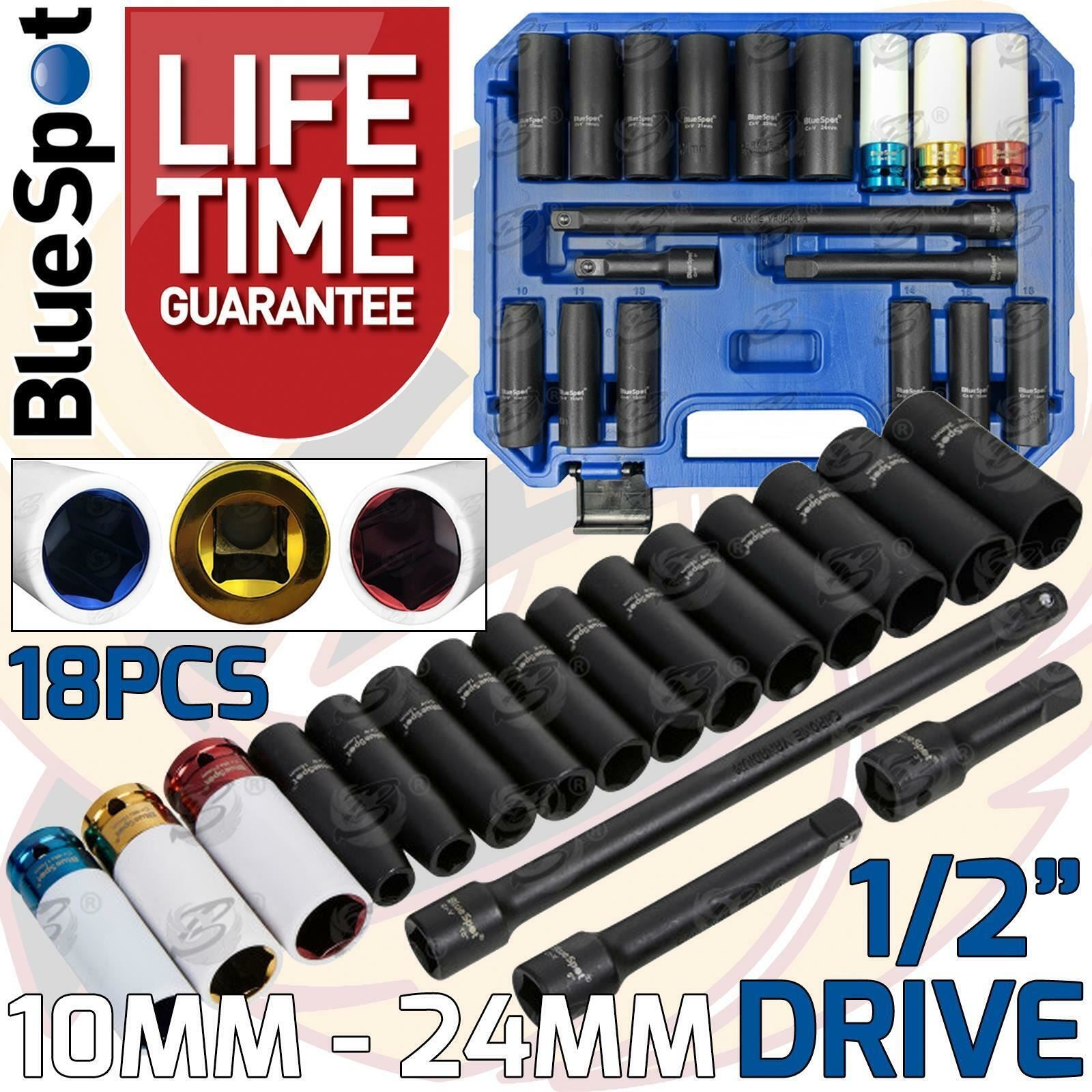 BLUESPOT 18PCS 1/2" DRIVE 6 POINT DEEP IMPACT SOCKETS & EXTENSIONS 10MM - 24MM