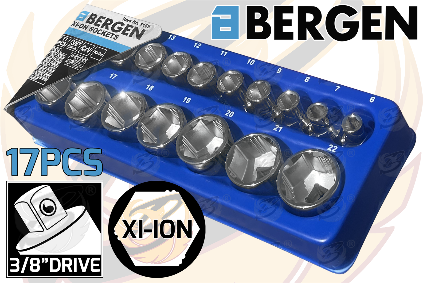 Bergen 17 Piece 3/8" Drive 6 Point Shallow Xi - Ion Sockets 6mm - 22mm ( 1169 )