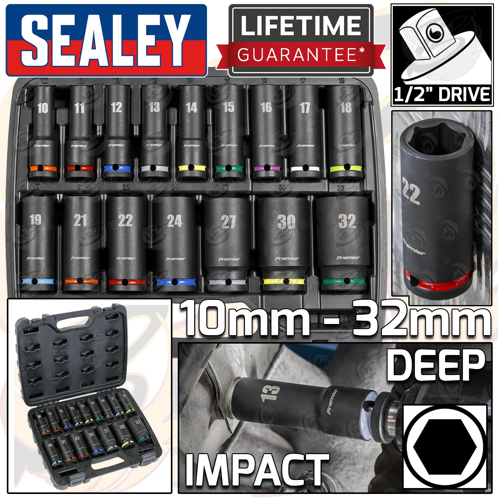 SEALEY 18V 4Ah 1/2" DRIVE BRUSHLESS IMPACT WRENCH 650Nm & 16PCS 6 POINT DEEP IMPACT SOCKETS 10MM - 32MM