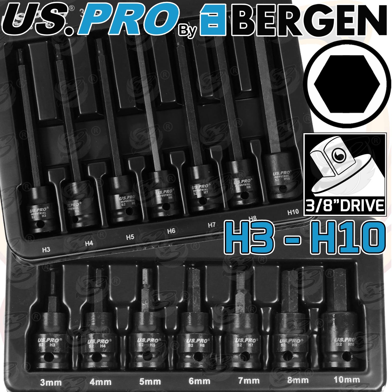 US PRO IMPACT 14PCS 3/8" DRIVE LONG & SHORT HEX BIT SOCKET SET H3 - H10
