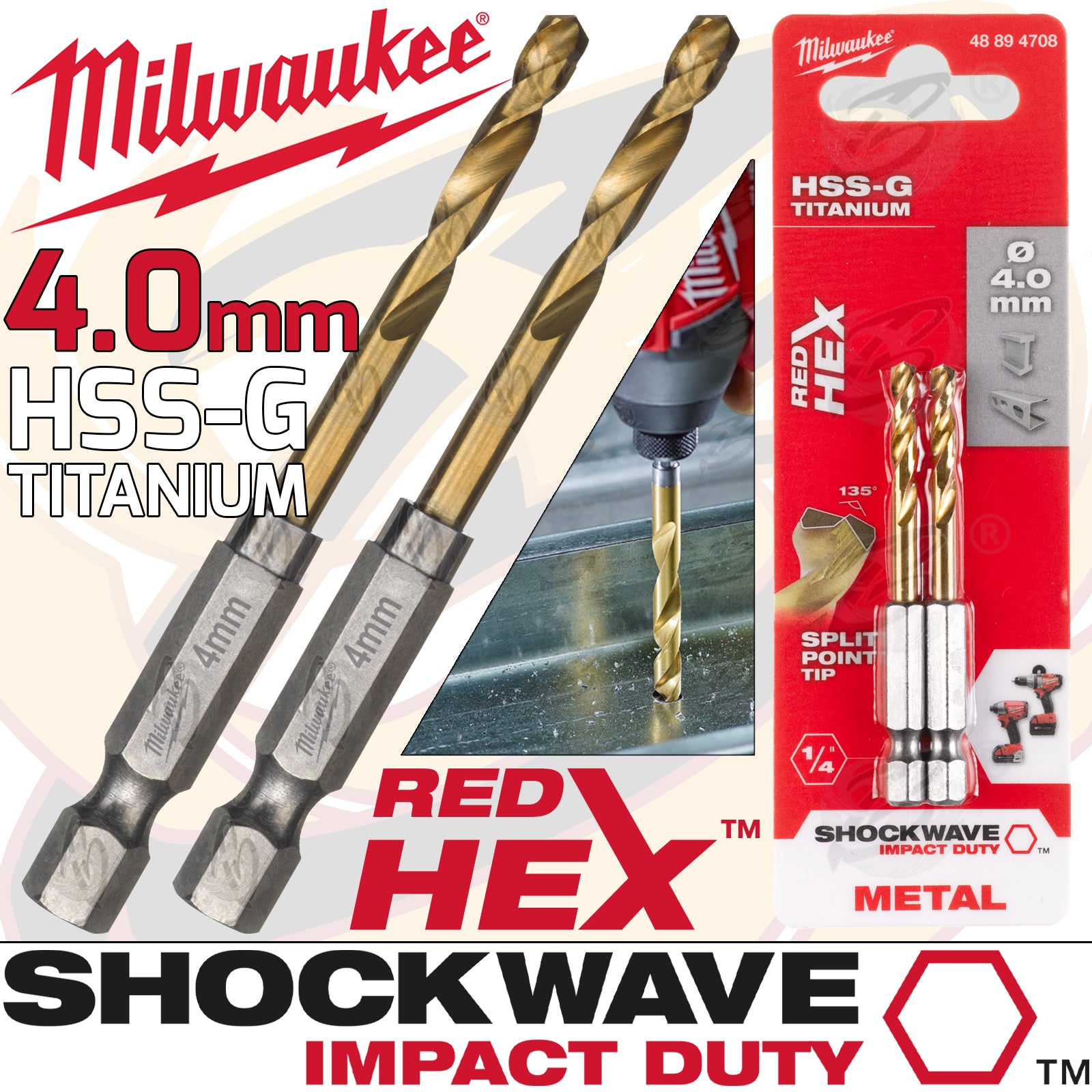 MILWAUKEE 4MM HSS TITANIUM METAL RED HEX DRILL BIT