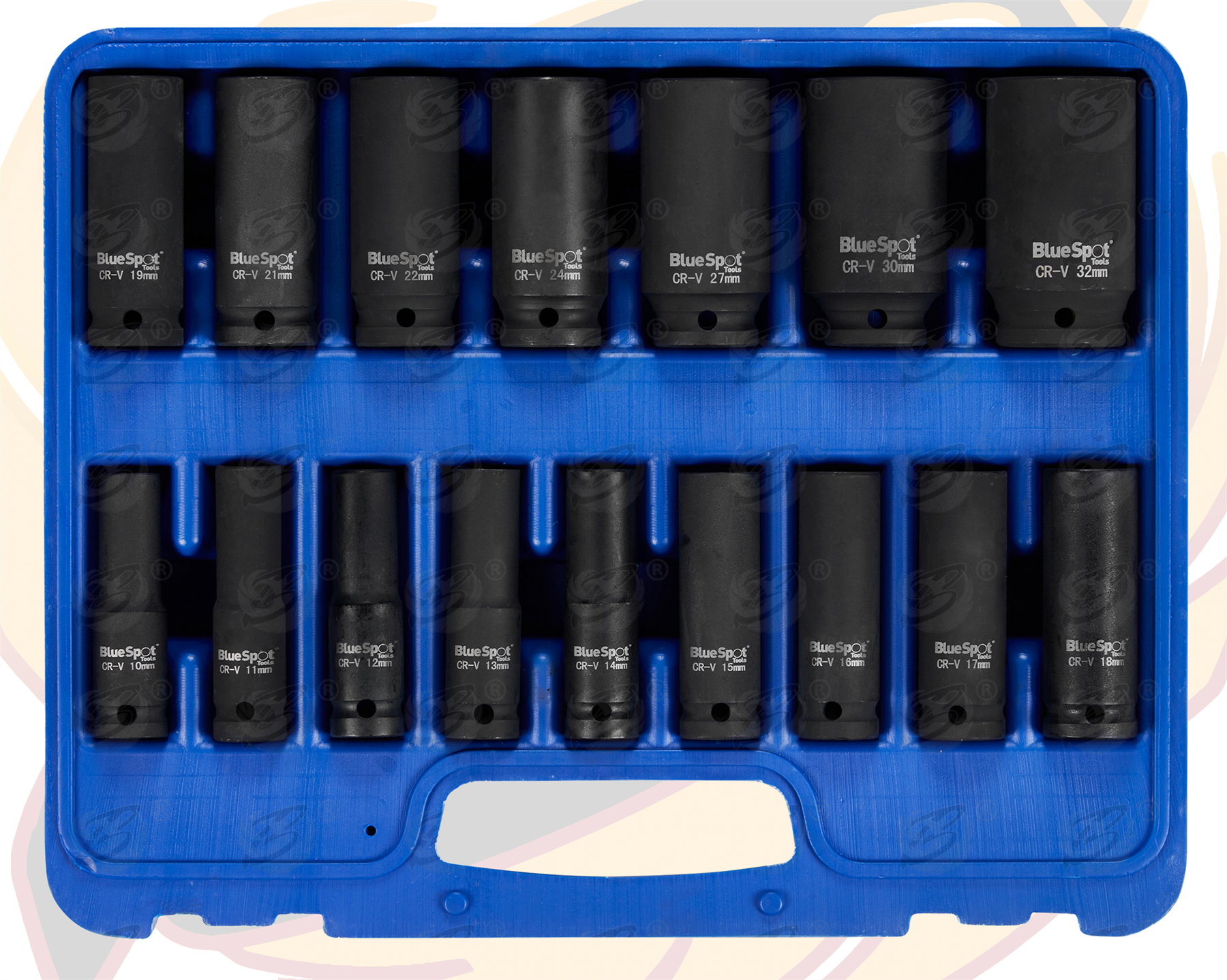 BLUESPOT 19PCS 1/2" DRIVE 6 POINT DEEP IMPACT SOCKETS & EXTENSION BARS 10MM - 32MM