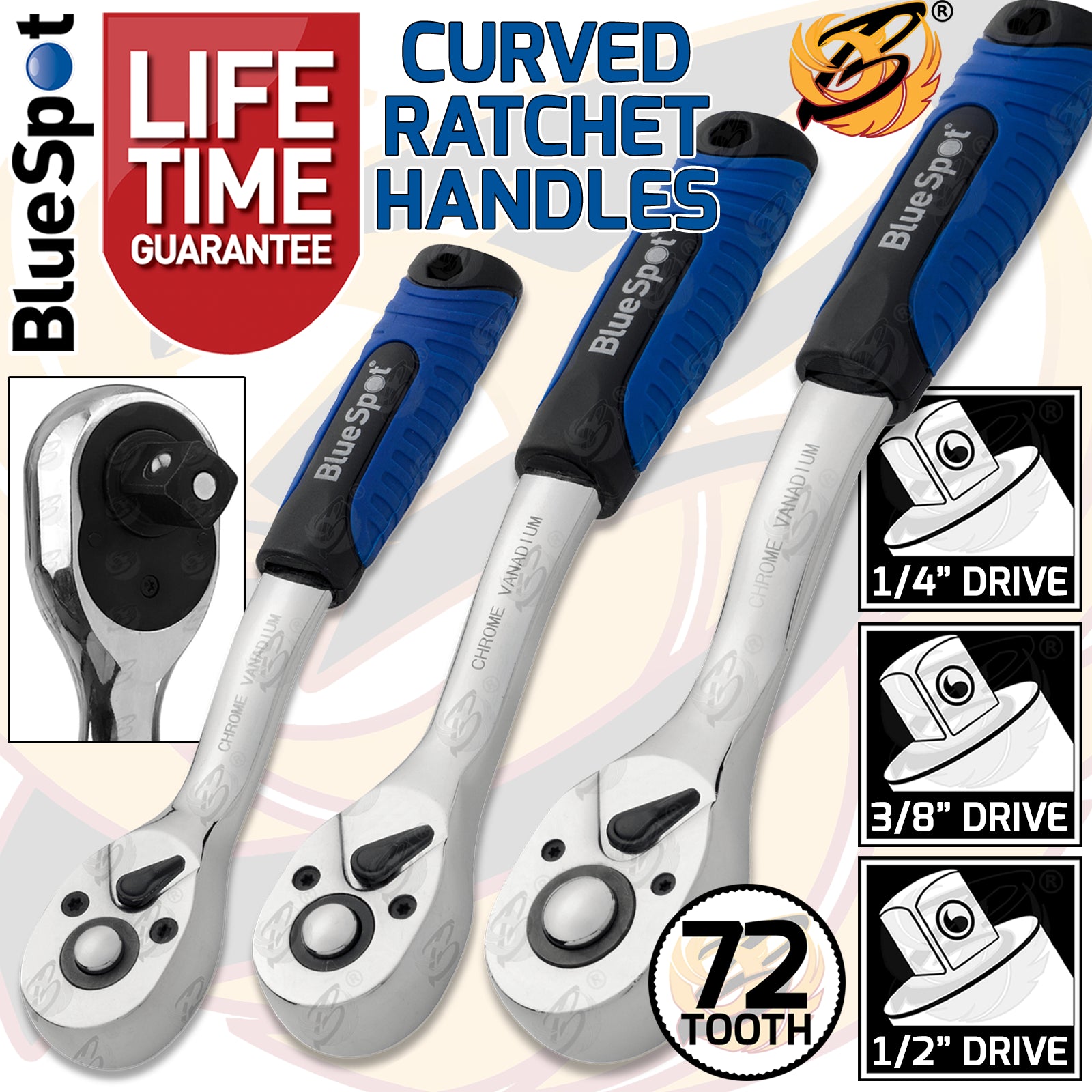 BLUESPOT 3PCS 1/4" & 3/8" & 1/2" DRIVE 72 TOOTH SOFT GRIP CURVED RATCHET HANDLE SET
