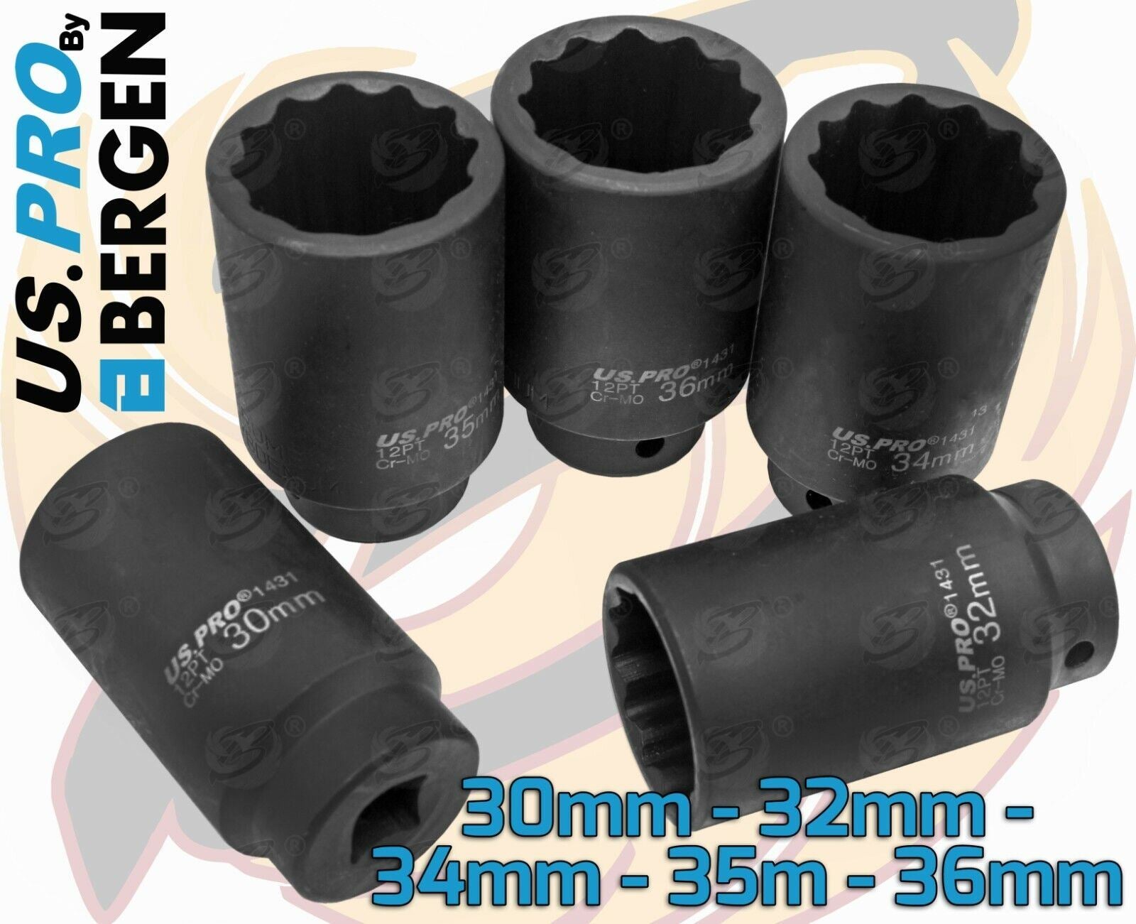 US PRO 5PCS 1/2" DRIVE 12 POINT DEEP IMPACT SOCKETS 30MM - 36MM