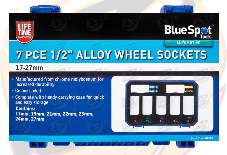 BLUESPOT 1/2" DRIVE 24" LONG BREAKER BAR & 7PCS 6 POINT ALLOY WHEEL NUT SOCKETS 17MM - 27MM