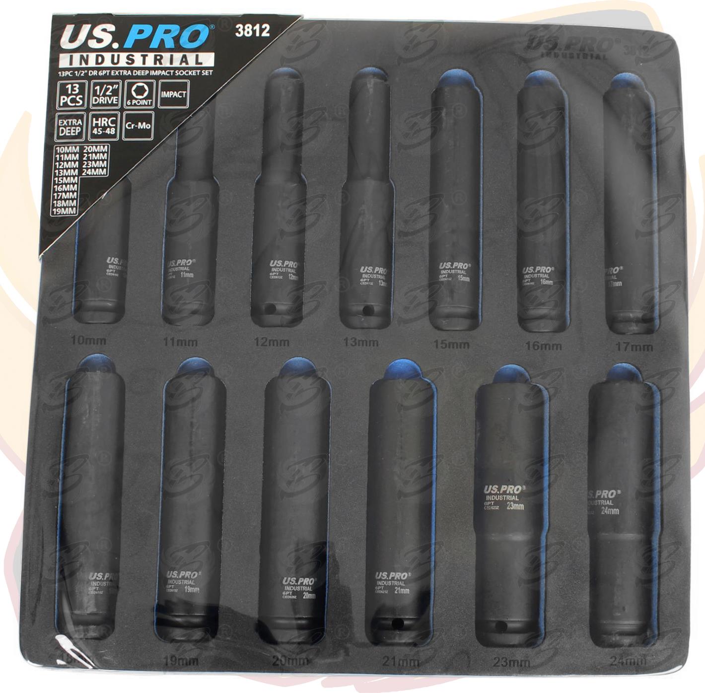 US PRO INDUSTRIAL 13PCS 1/2" DRIVE 6 POINT EXTRA DEEP IMPACT SOCKET SET 10MM - 24MM