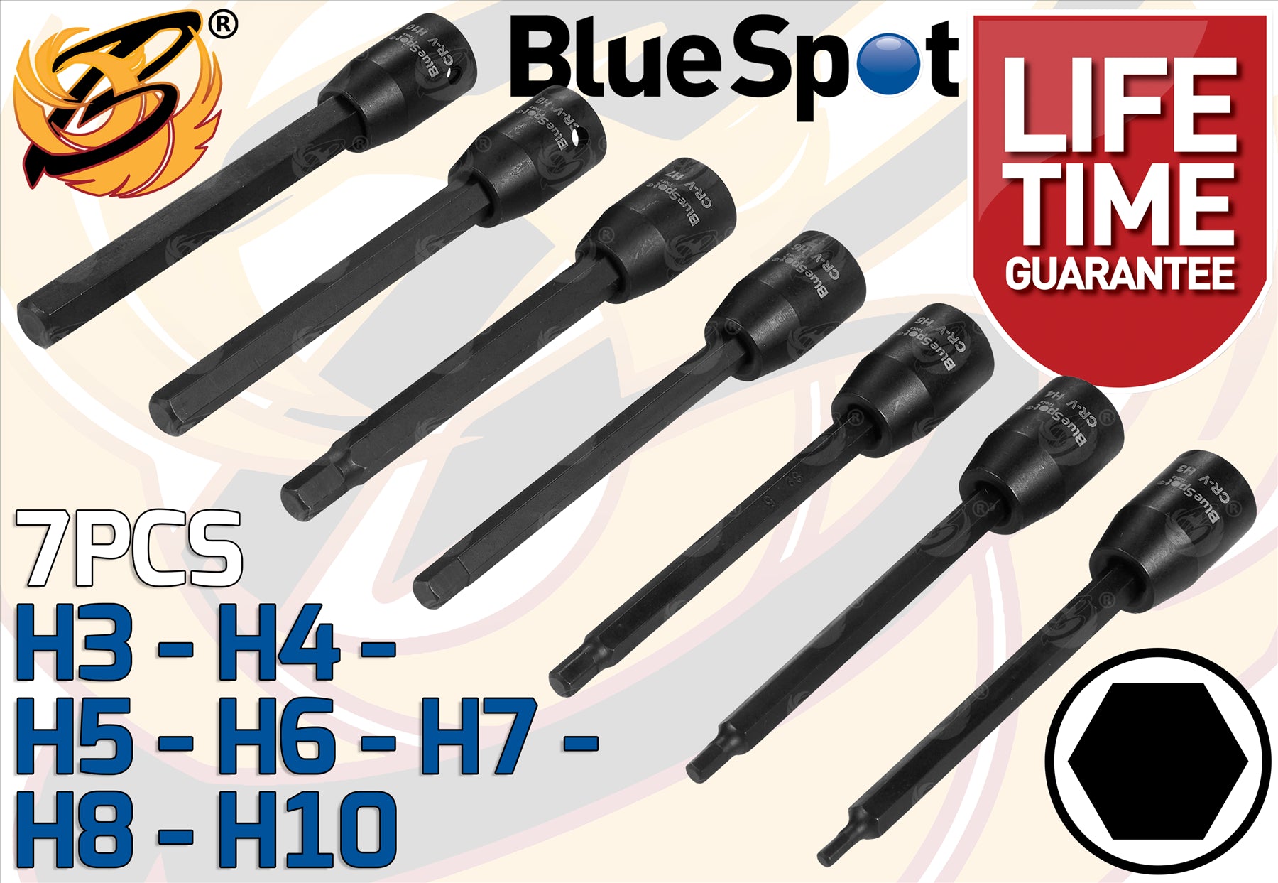 BLUESPOT 7PCS 3/8" DRIVE EXTRA LONG IMPACT HEX BIT SOCKETS H3 - H10