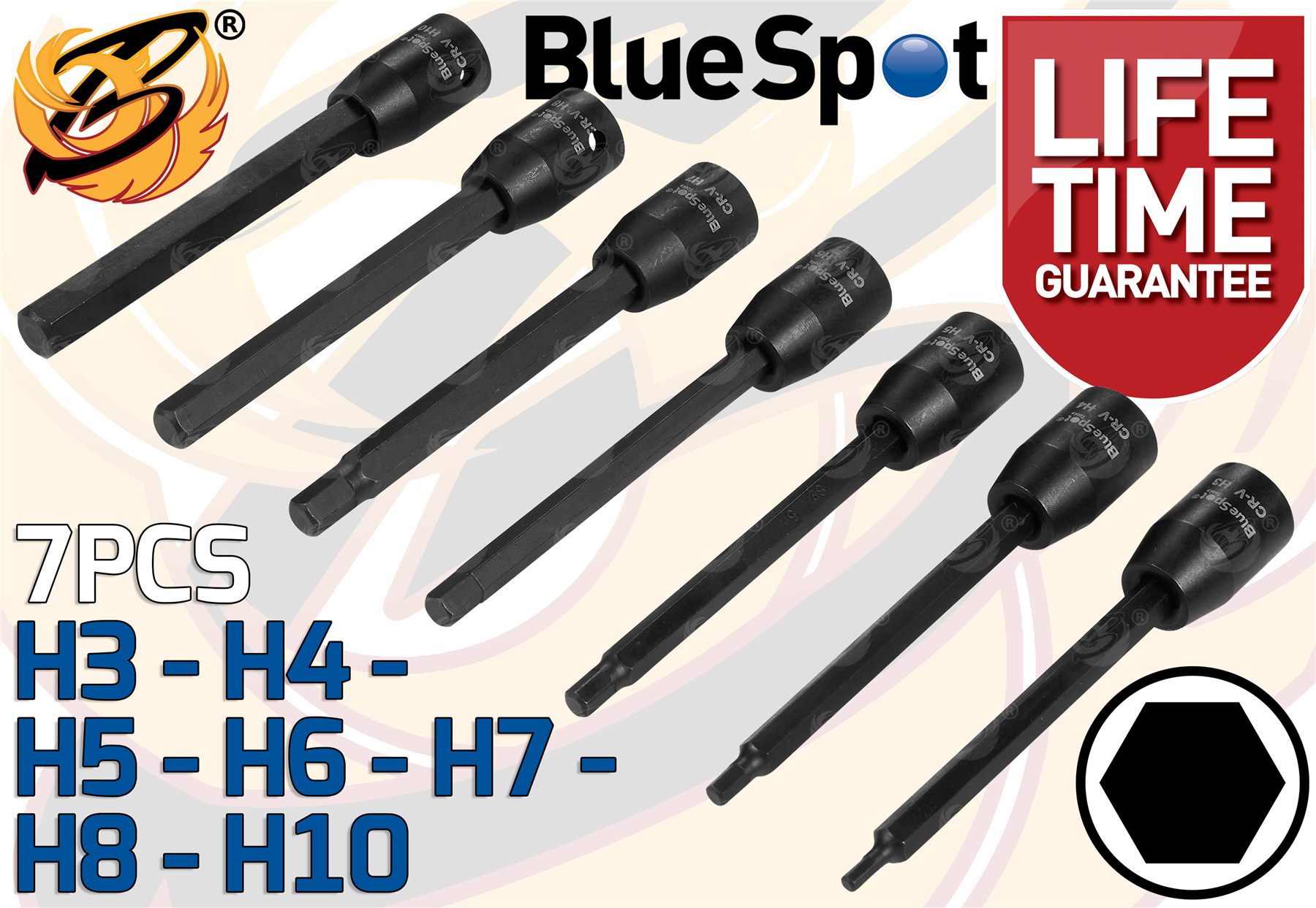 BlueSpot 7 Piece 3/8" Drive Extra Long Impact Hex Bit Sockets H3 - H10 ( 01591 )