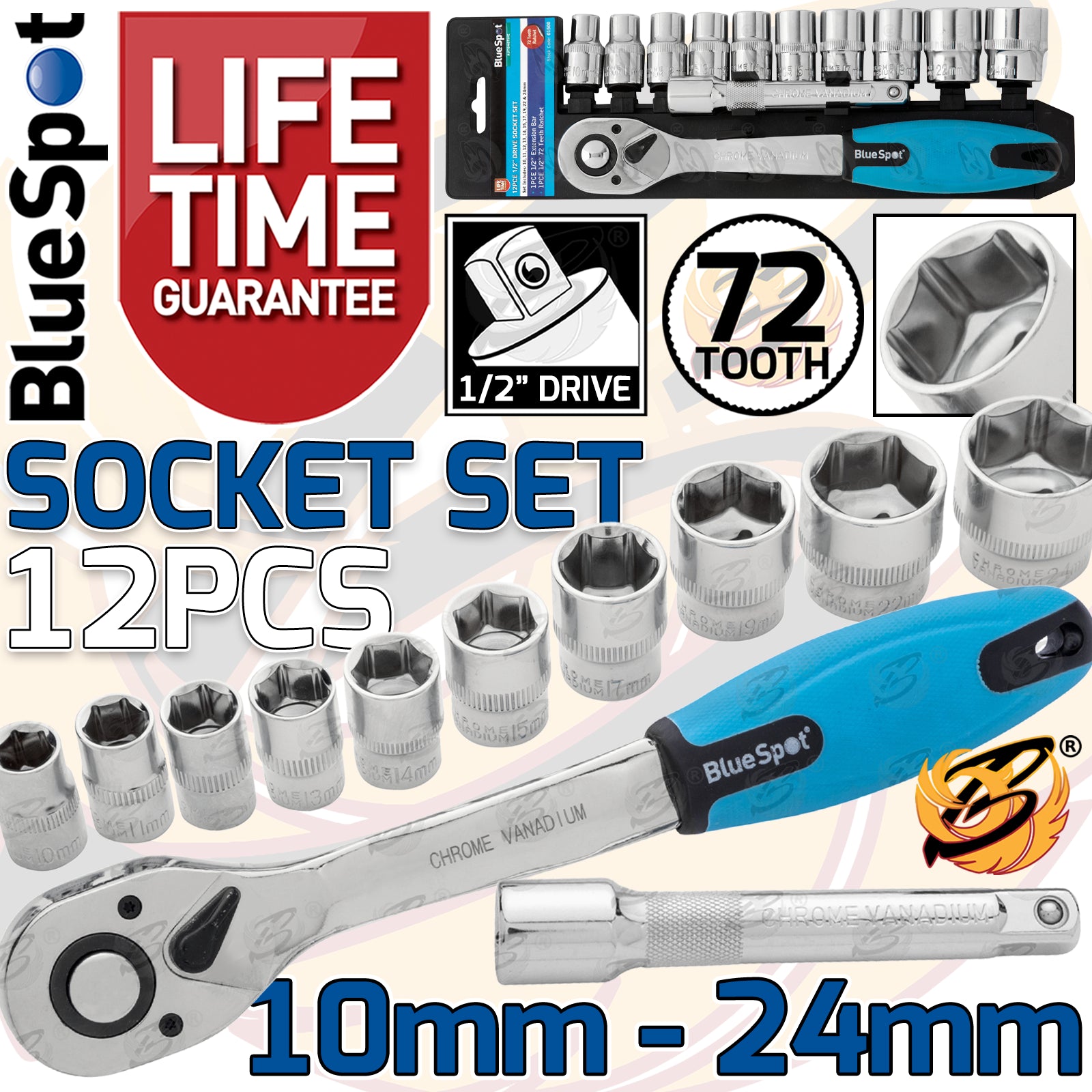 BLUESPOT 36PCS 1/4" & 3/8" & 1/2" DRIVE 6 POINT SHALLOW SOCKET SET 4MM - 24MM