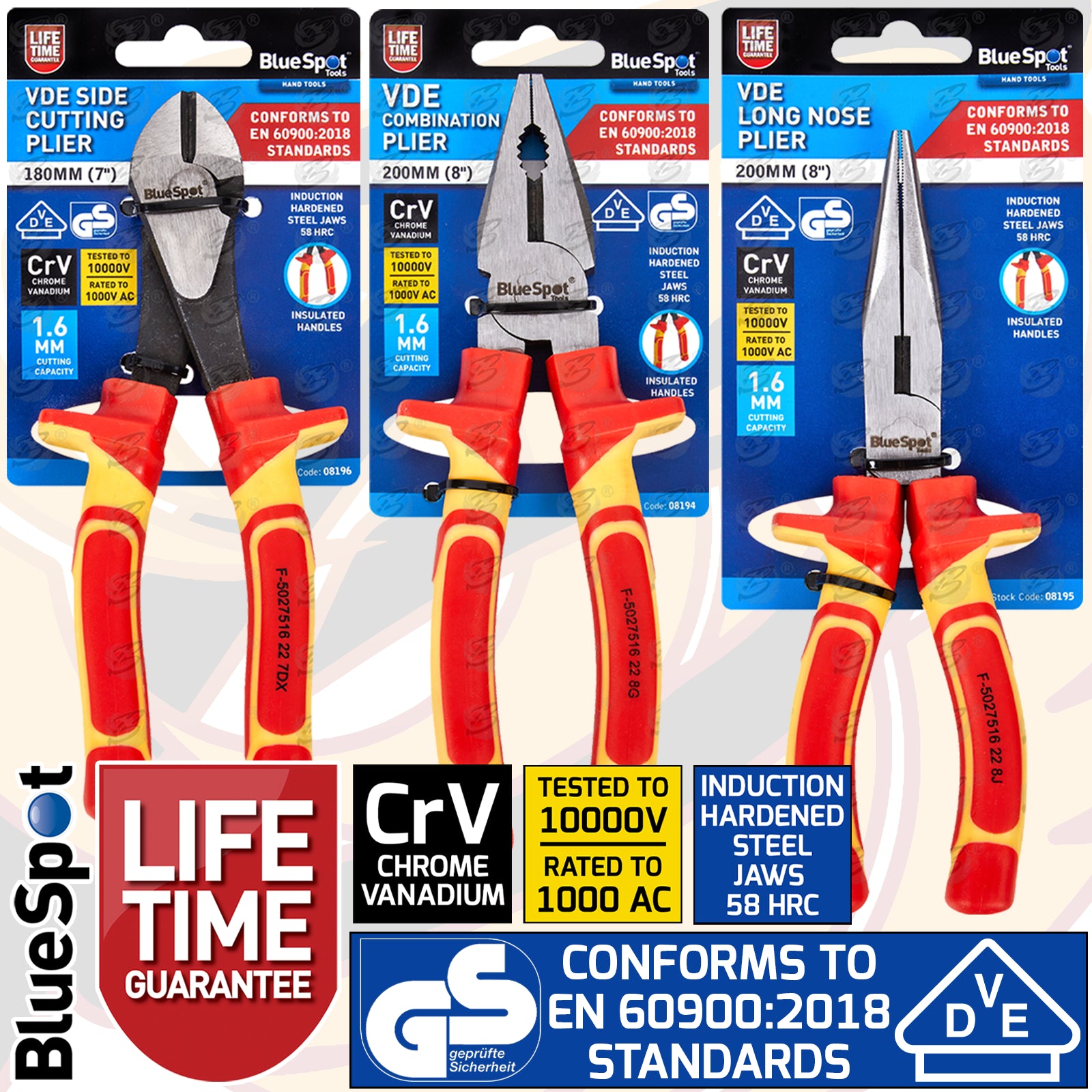 BLUESPOT 3PCS VDE PLIER SET ( COMBI - CUTTERS - LONG NOSE )