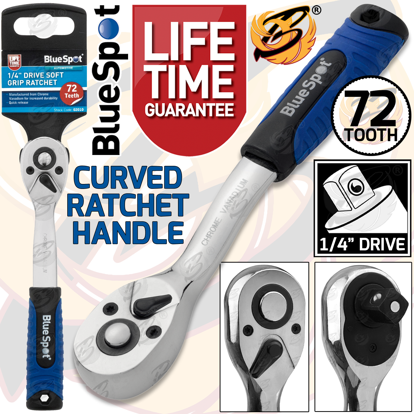 BlueSpot 1/4" Drive 72 Tooth Soft Grip Curved Ratchet Handle ( 02010 )