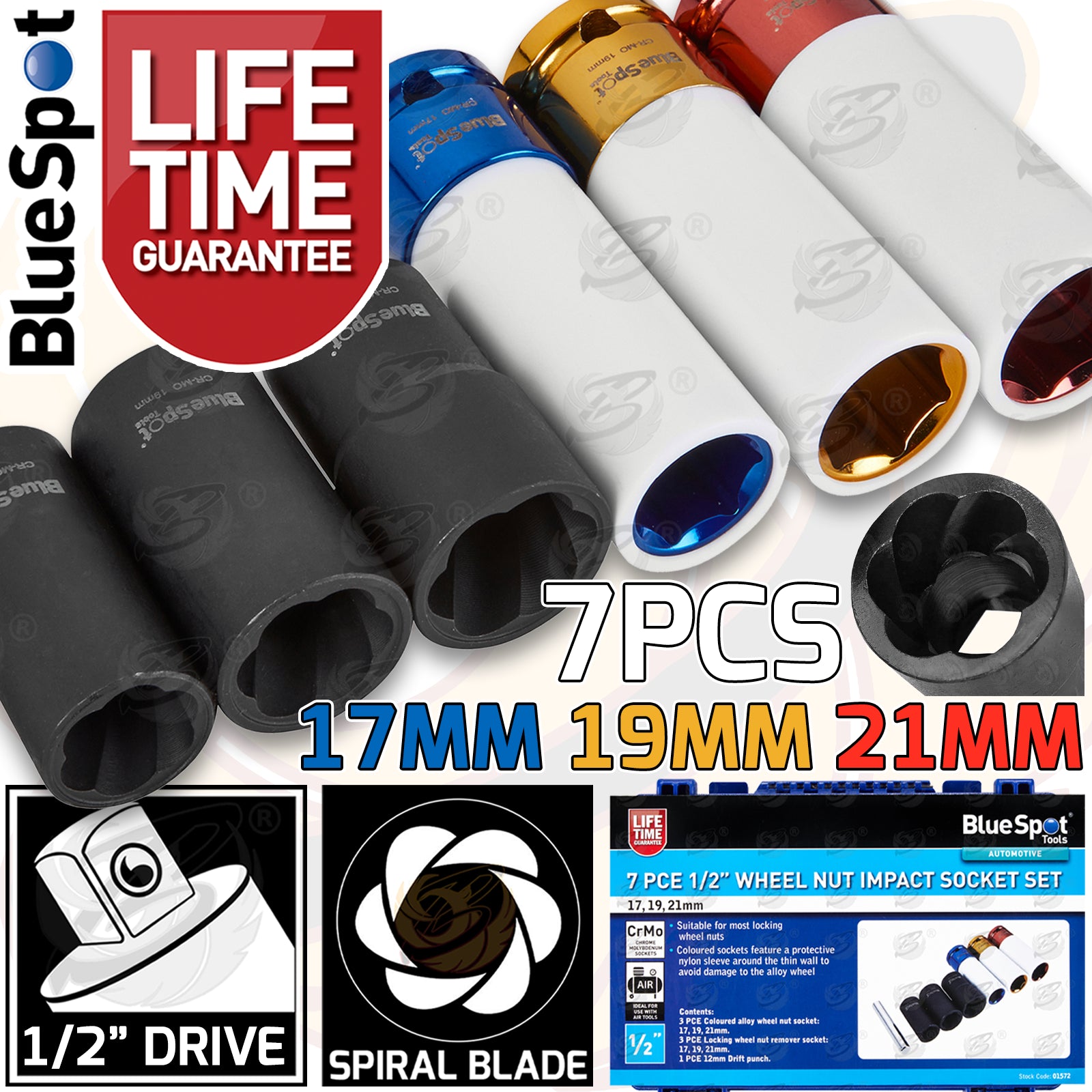 BLUESPOT 7PCS 1/2" DRIVE WHEEL NUT IMPACT TWIST SOCKET SET ( 17MM - 19MM - 21MM )