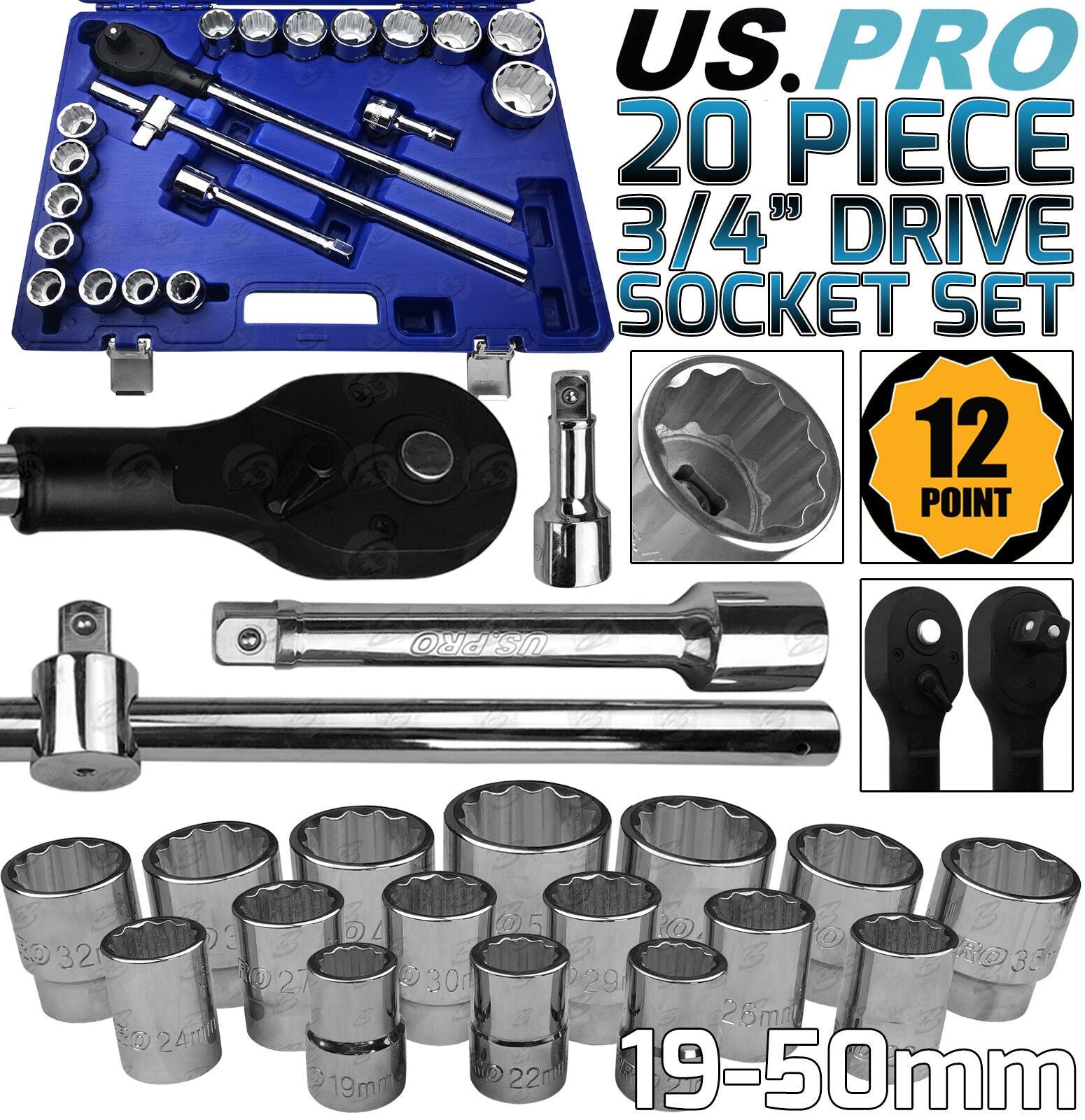 US PRO 20PCS 3/4" DRIVE 12 POINT SOCKET SET 19MM - 50MM