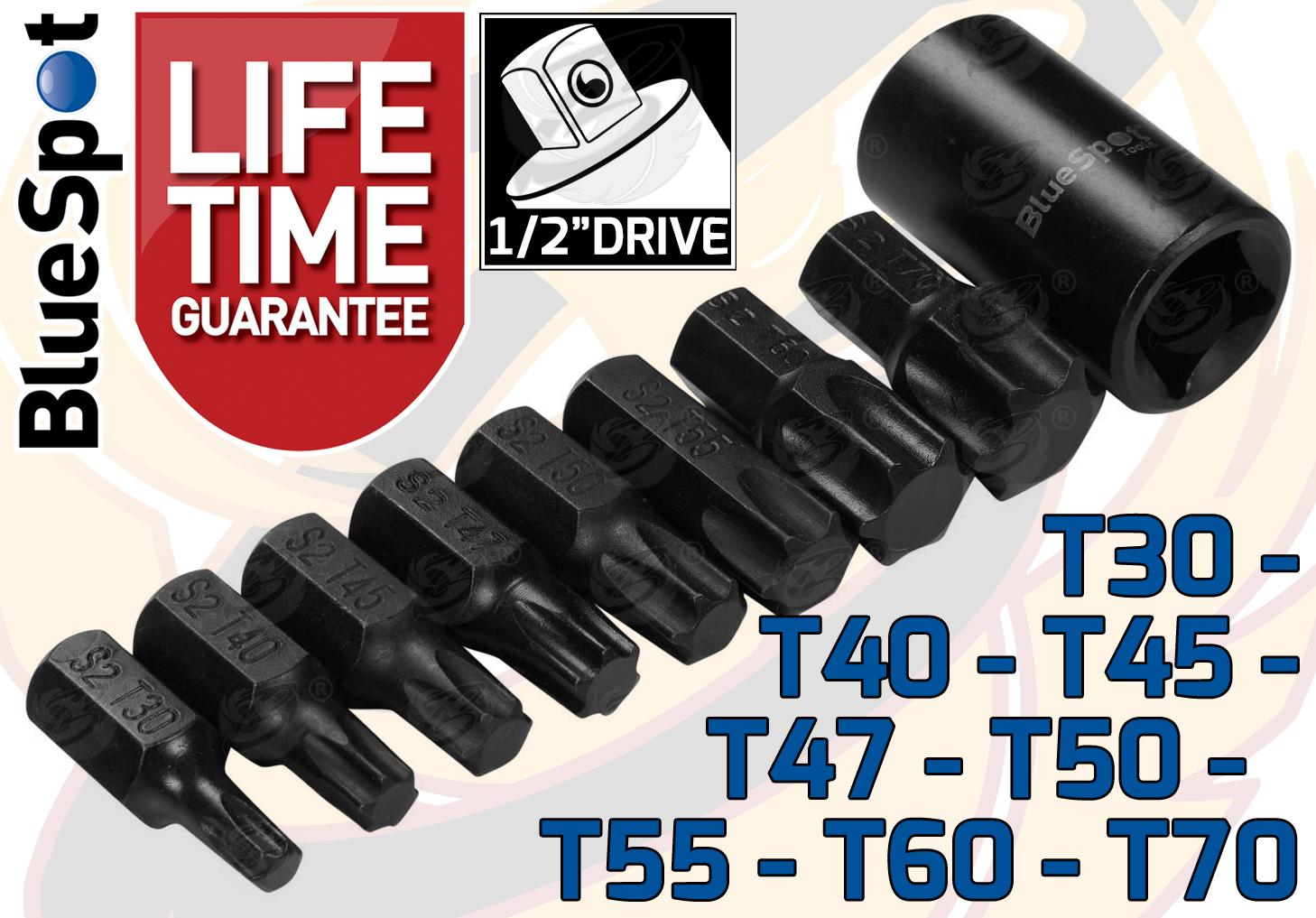 BlueSpot 9 Piece 1/2" Drive Impact Torx Bit Sockets T30 - T70 ( 01498 )