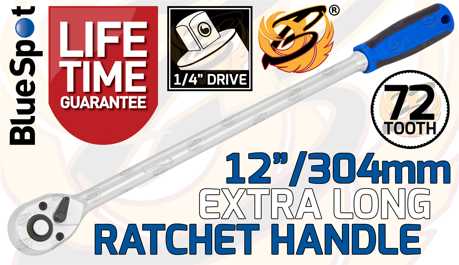 BLUESPOT 3PCS 1/4" & 3/8" & 1/2" DRIVE 72 TOOTH EXTRA LONG RATCHET HANDLES