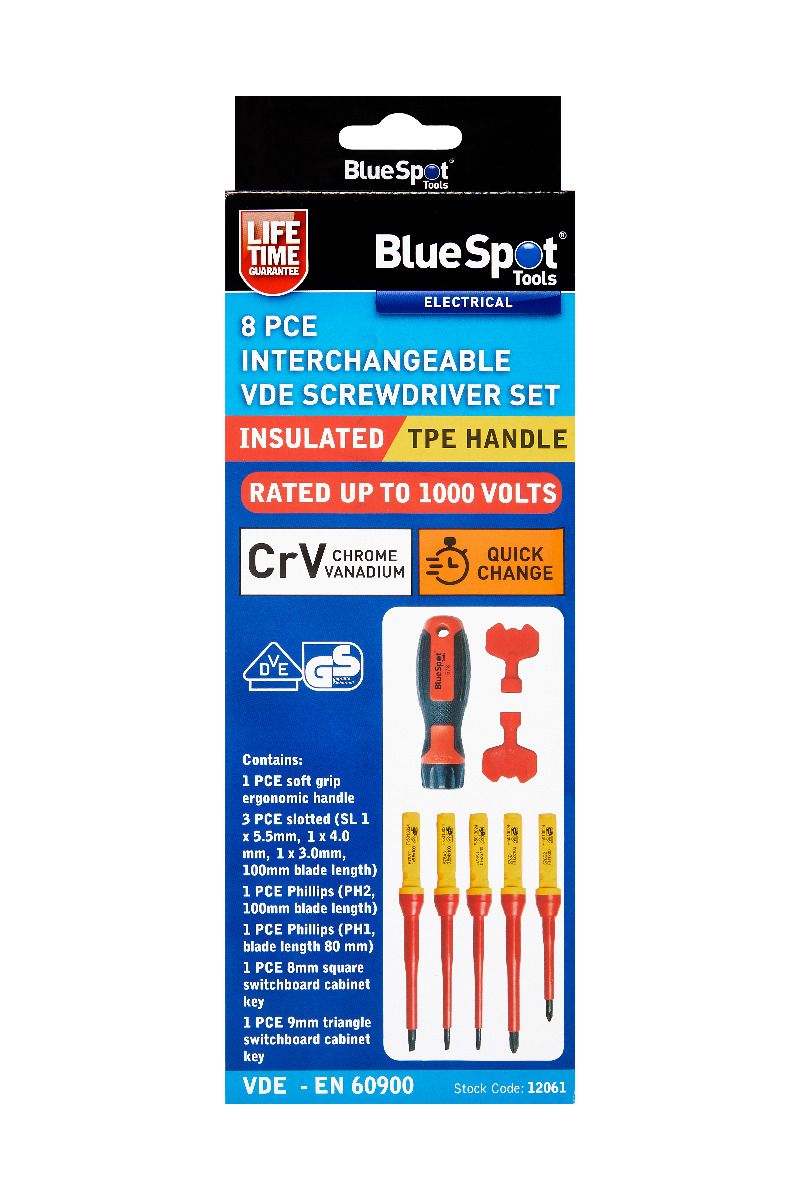 BlueSpot 8 Piece Interchangeable VDE Screwdriver Set (Sl3 - Sl5.5) (PH1 - PH2) With A Manufacturers LifeTime Guarantee 12061