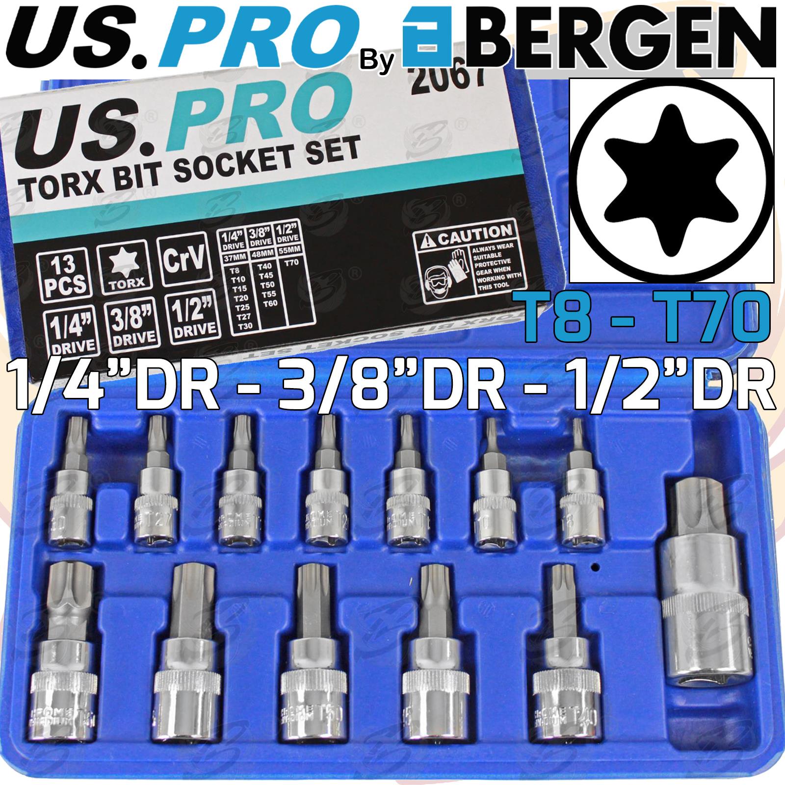 US Pro 13 Piece 1/4" & 3/8" & 1/2" Drive Torx Bit Sockets T8 - T70 ( 2067 )