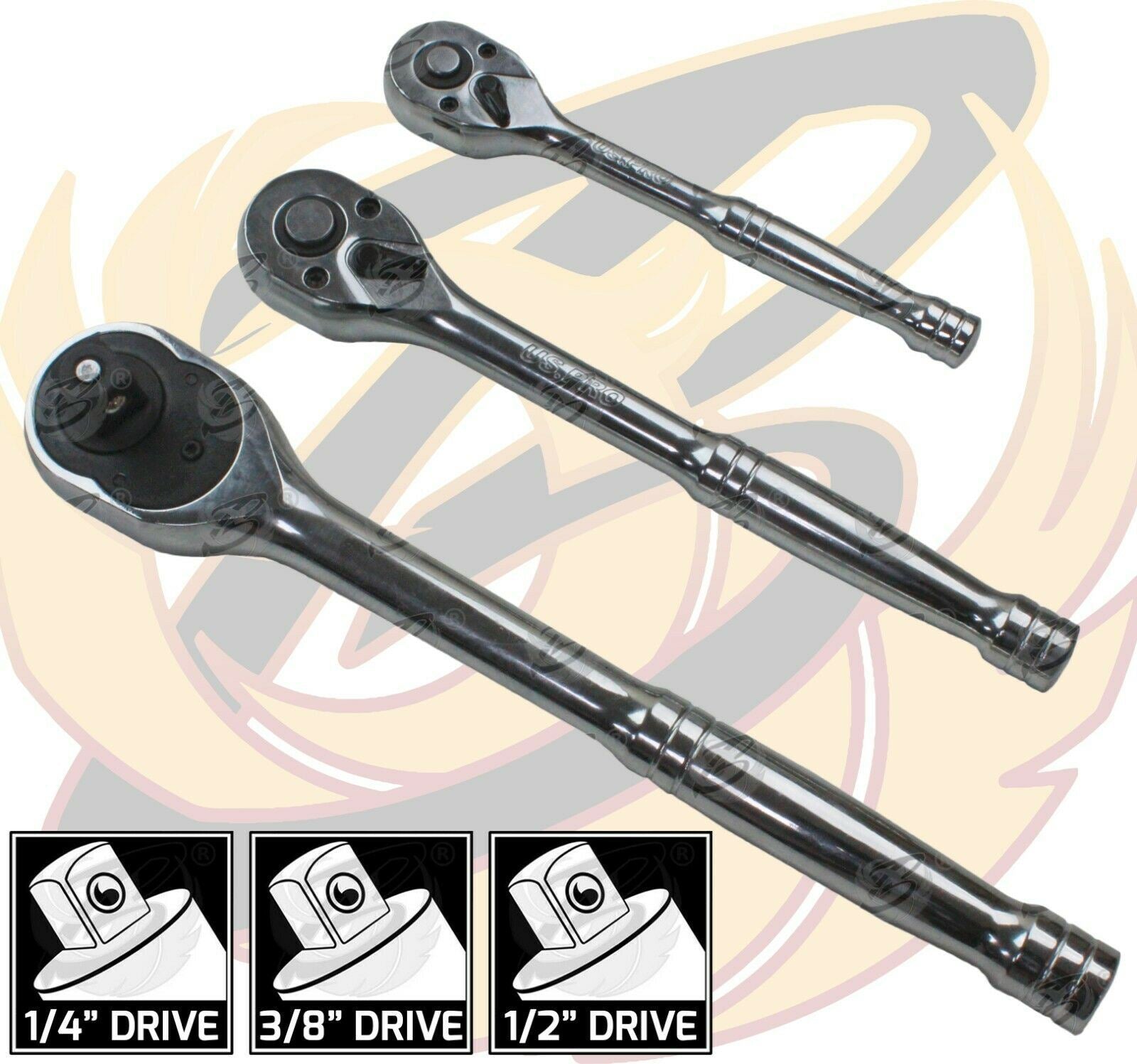 US PRO 3PCS 1/4" & 3/8" & 1/2" DRIVE 72 TOOTH RATCHET HANDLE SET