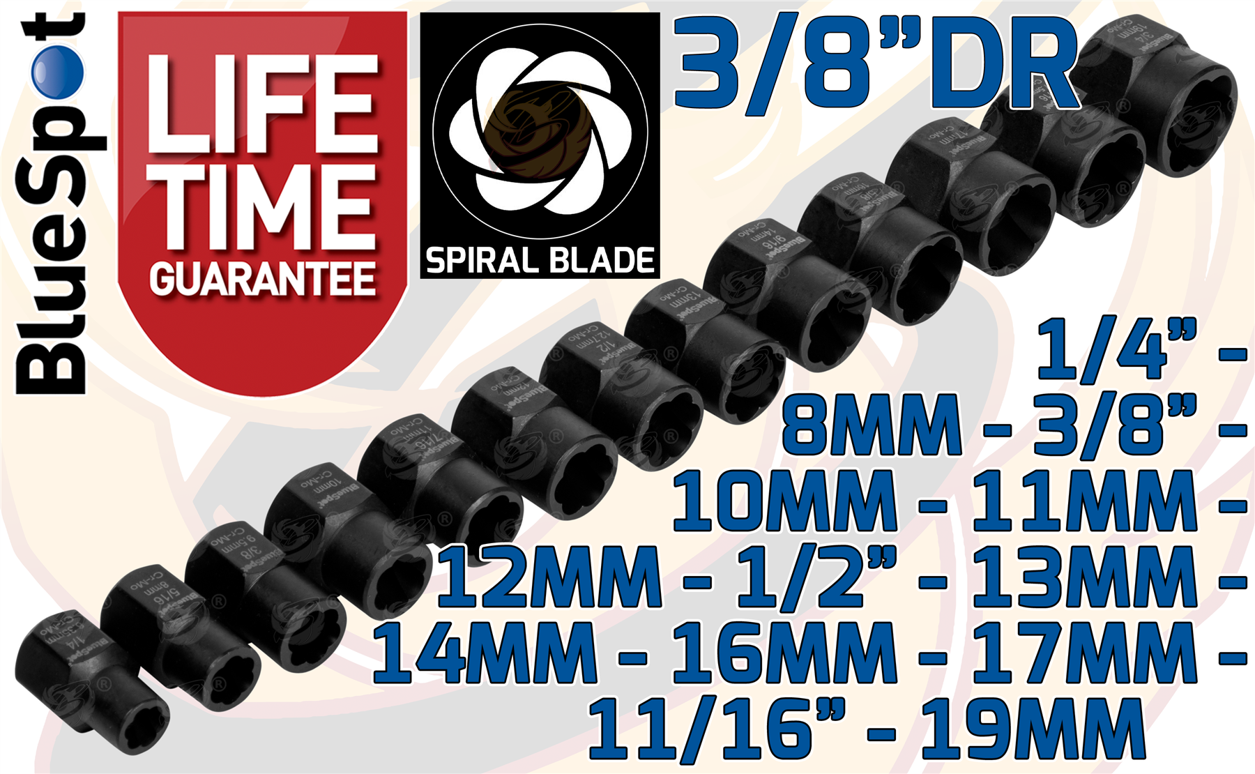 BlueSpot 13 Piece 3/8" Drive Impact Twist Sockets 8mm - 19mm ( 01555 )