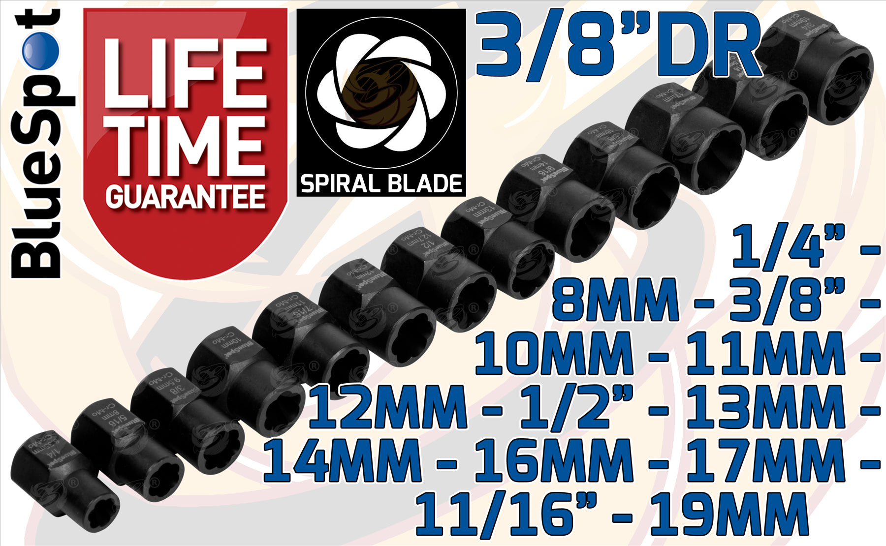 BLUESPOT 13PCS 3/8" DRIVE IMPACT TWIST SOCKETS 8MM - 19MM