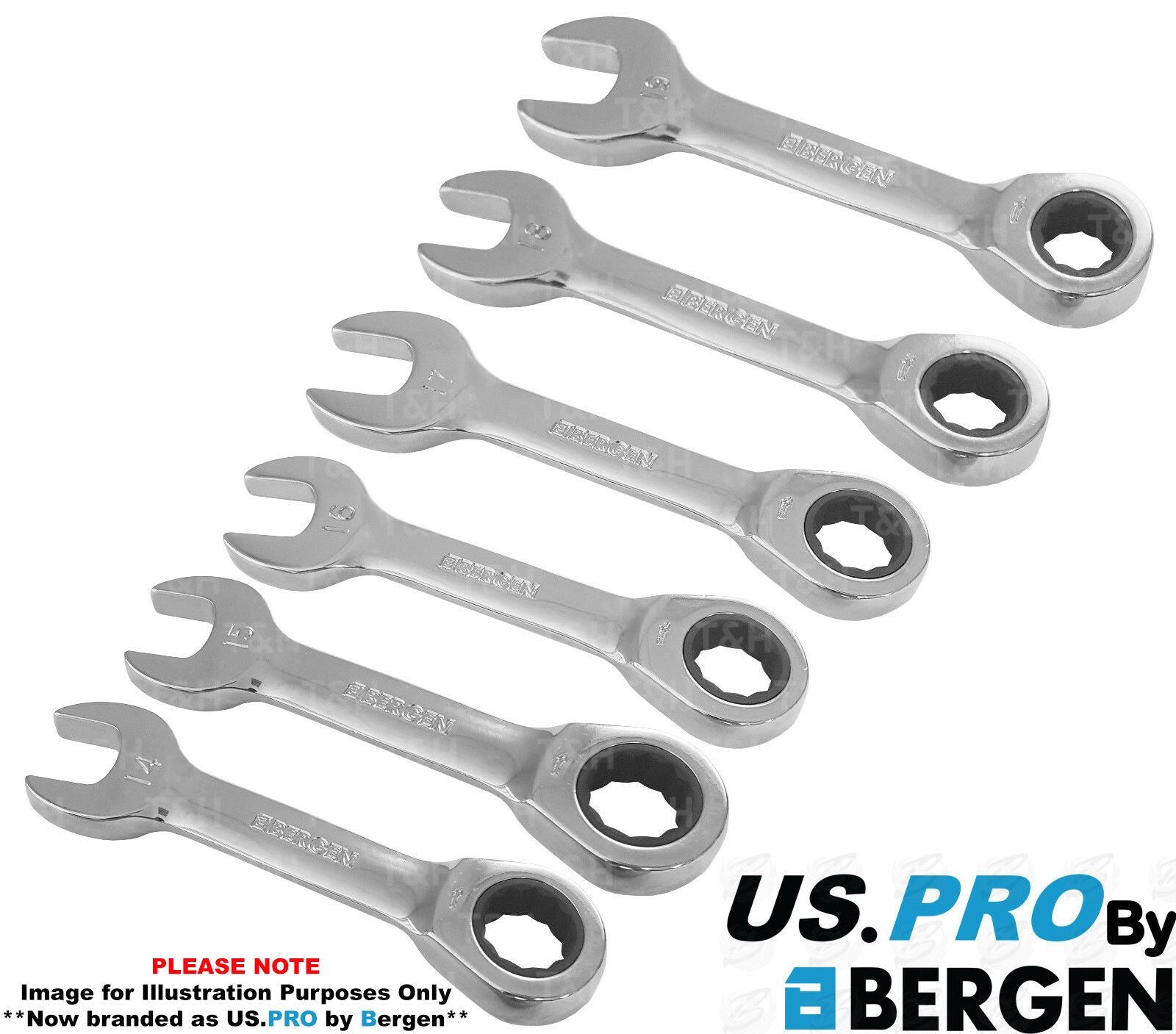US PRO 12PCS STUBBY COMBINATION RATCHET SPANNERS
