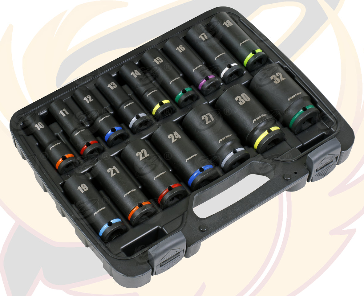 SEALEY 16PCS 1/2" DRIVE 6 POINT DEEP IMPACT SOCKETS 10MM - 32MM