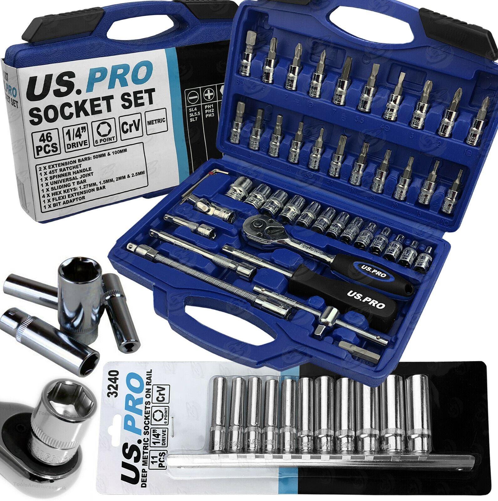 US PRO 57PCS 1/4" DRIVE 6 POINT DEEP & SHALLOW SOCKET SET 4MM - 14MM