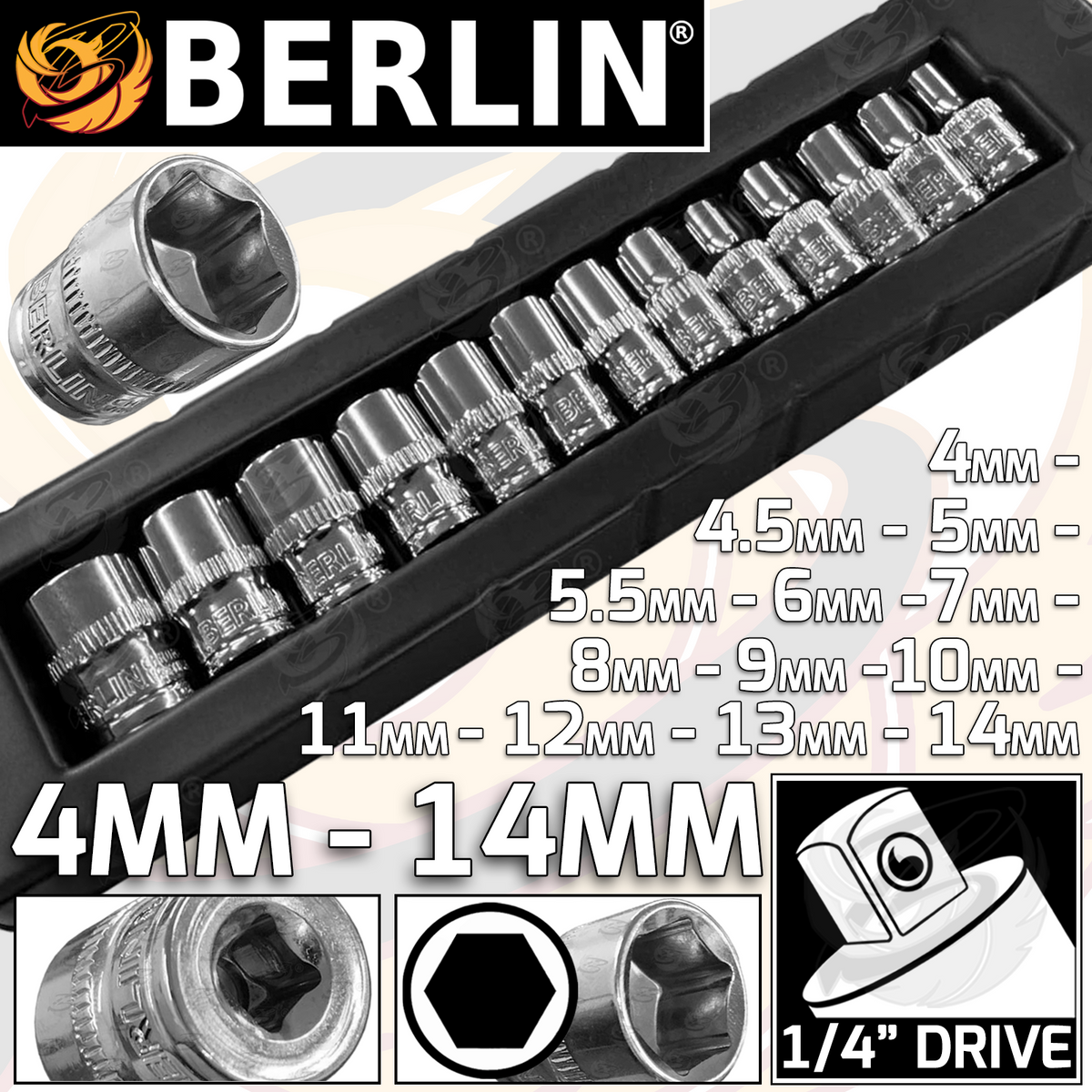 Berlin 13 Piece 1/4" Drive 6 Point Shallow Sockets 4mm - 14mm BER015