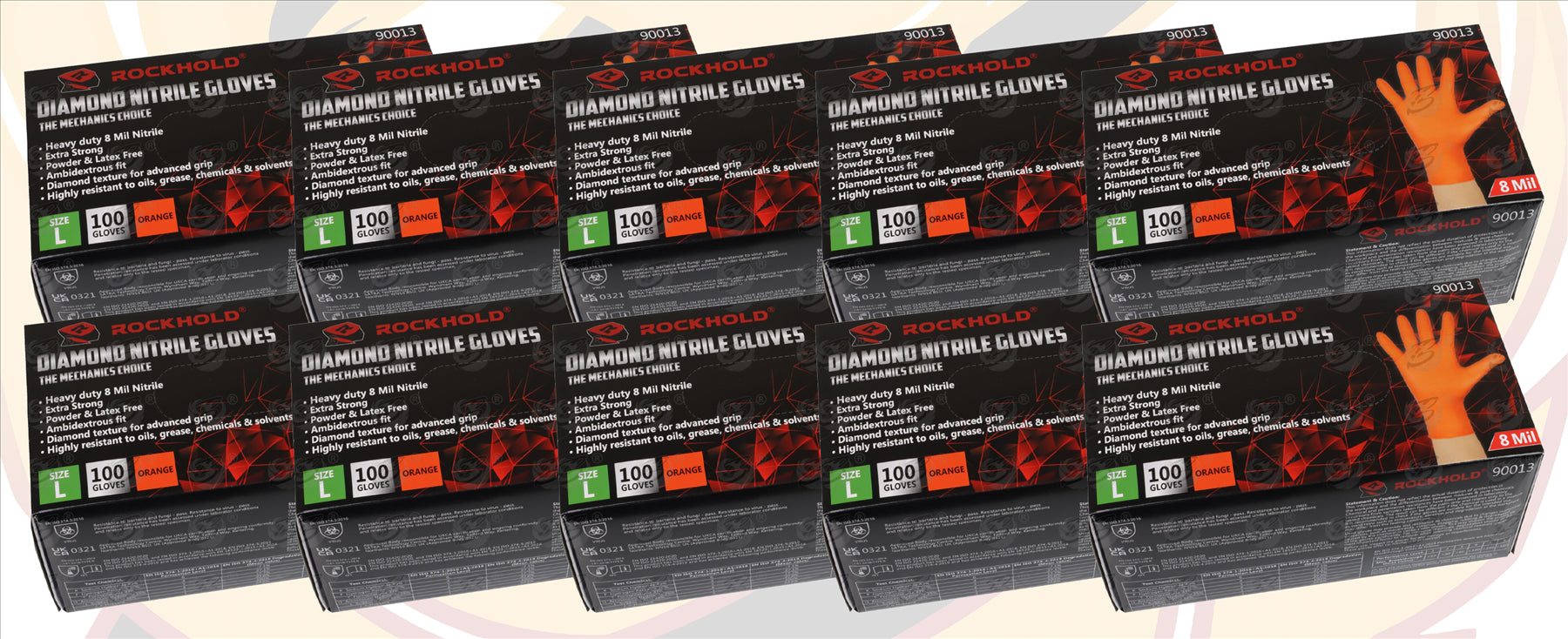ROCKHOLD HEAVY DUTY ORANGE 8 MIL NITRILE DIAMOND GRIP GLOVES ( LARGE - 1000 GLOVES )